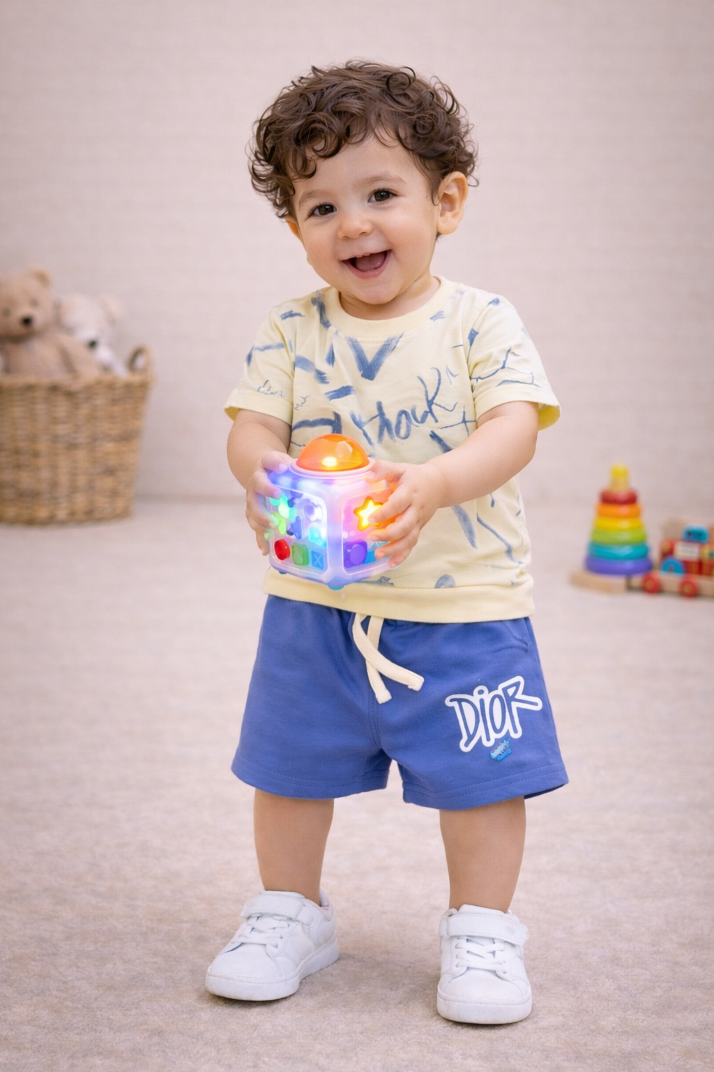 Kids Cream & Royal Blue Co-ord Set with Printed Shorts