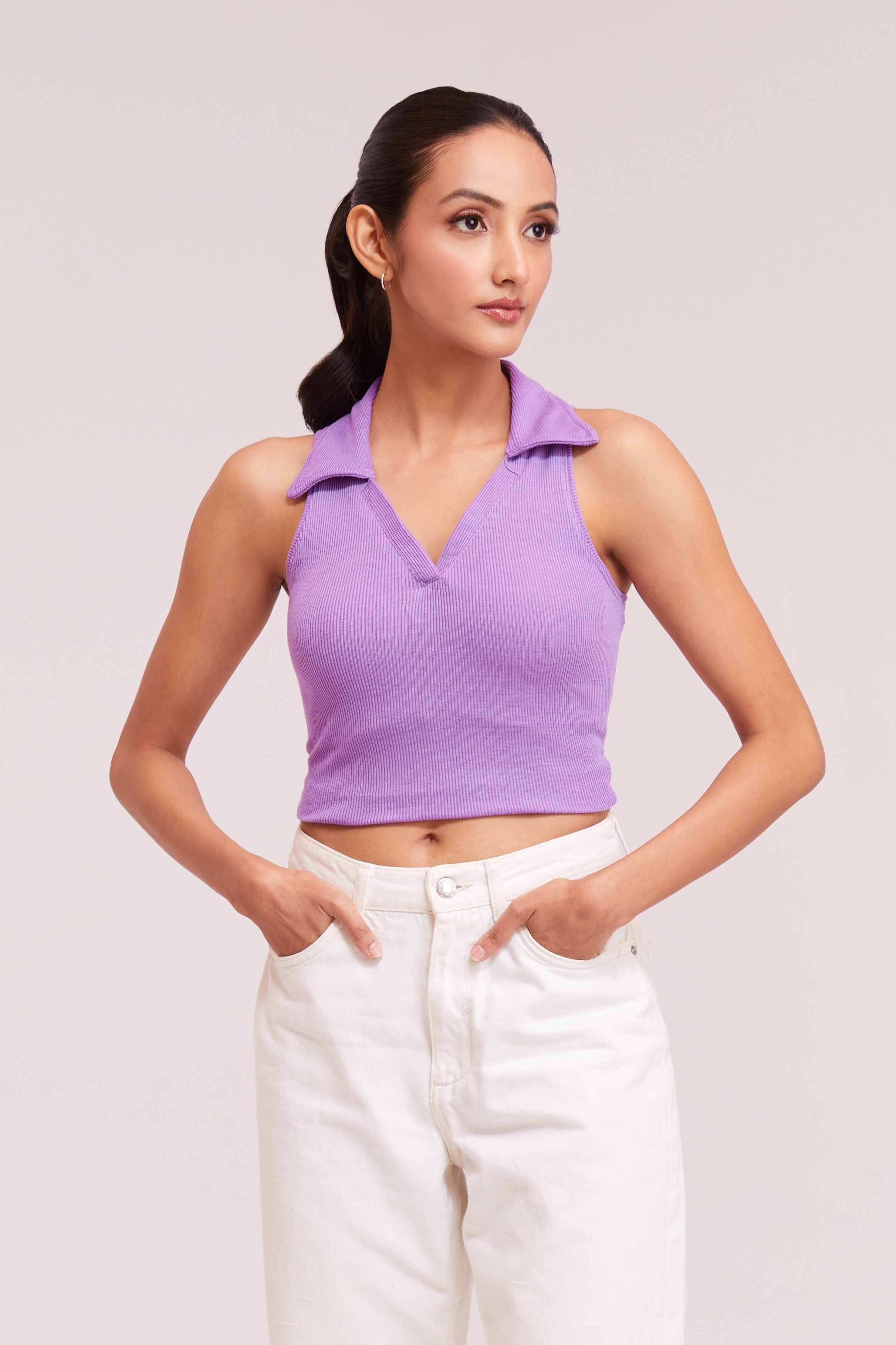 Lavender-Ribbed Collared Sleeveless Crop Top