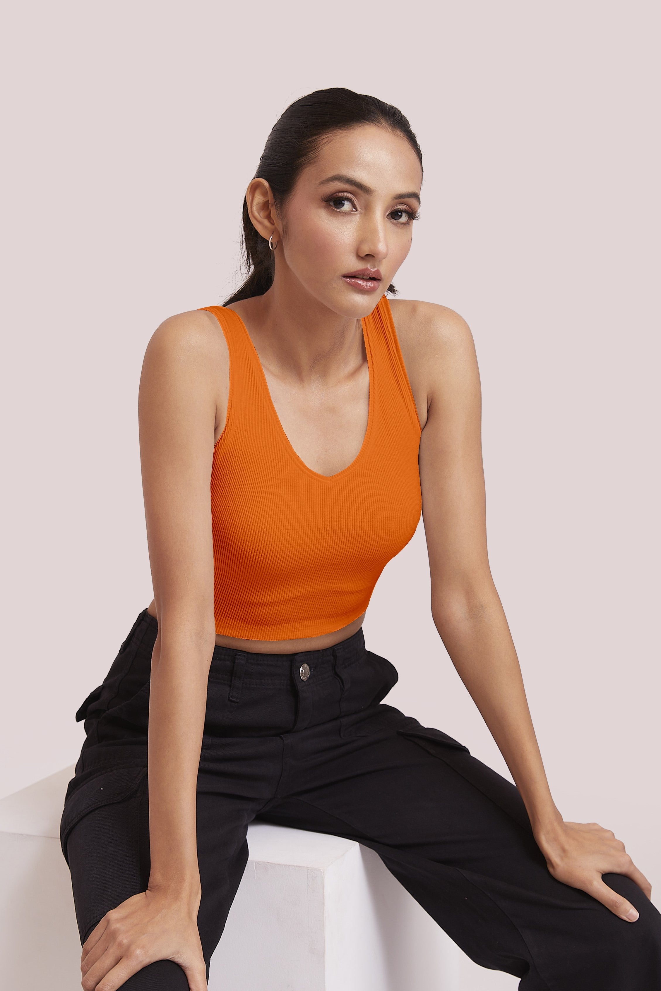 Orange Ribbed Scoop Neck Sleeveless Crop Top