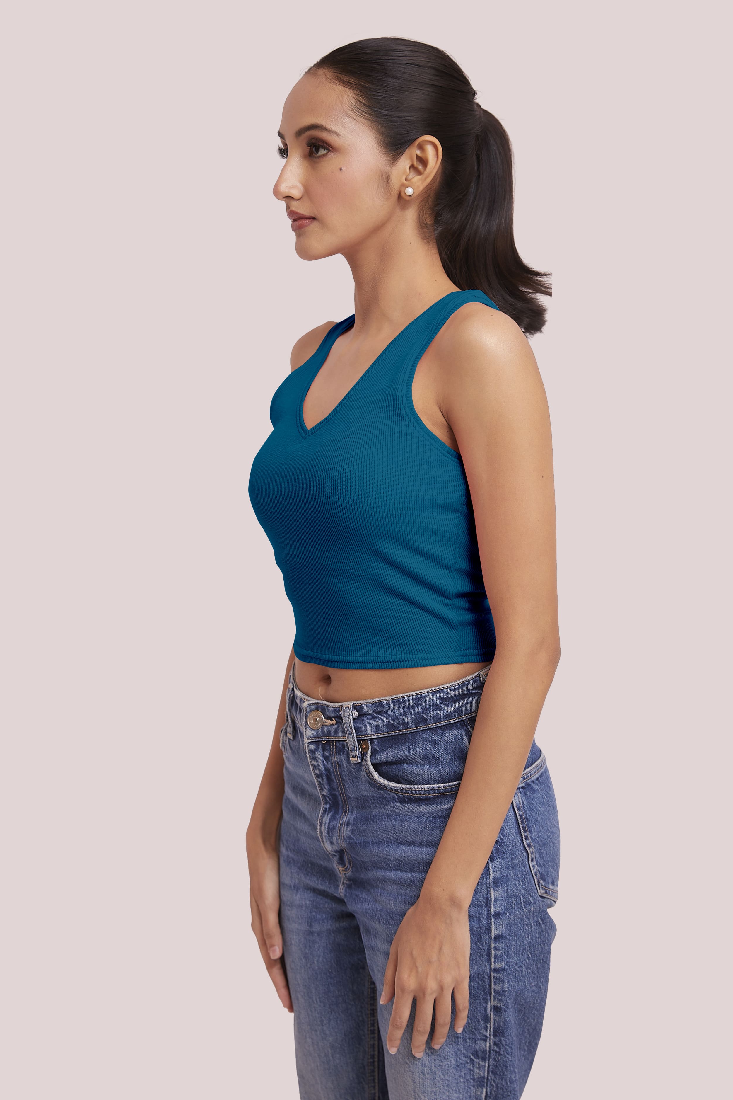 Teal Green Ribbed Scoop Neck Sleeveless Crop Top