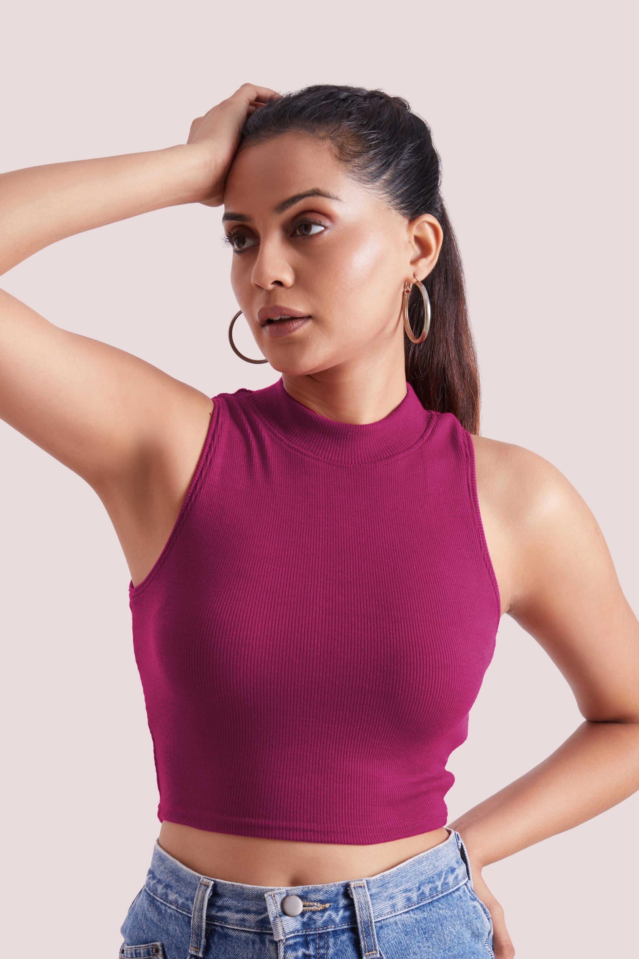 Wine Ribbed High Neck Sleeveless Crop Top
