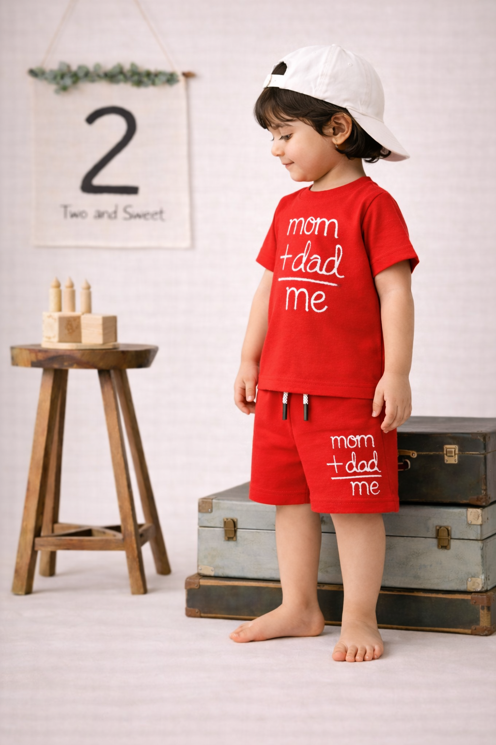 Kids Cotton Co-ord Set – Mom + Dad = Me Print | Red T-shirt & Shorts Set