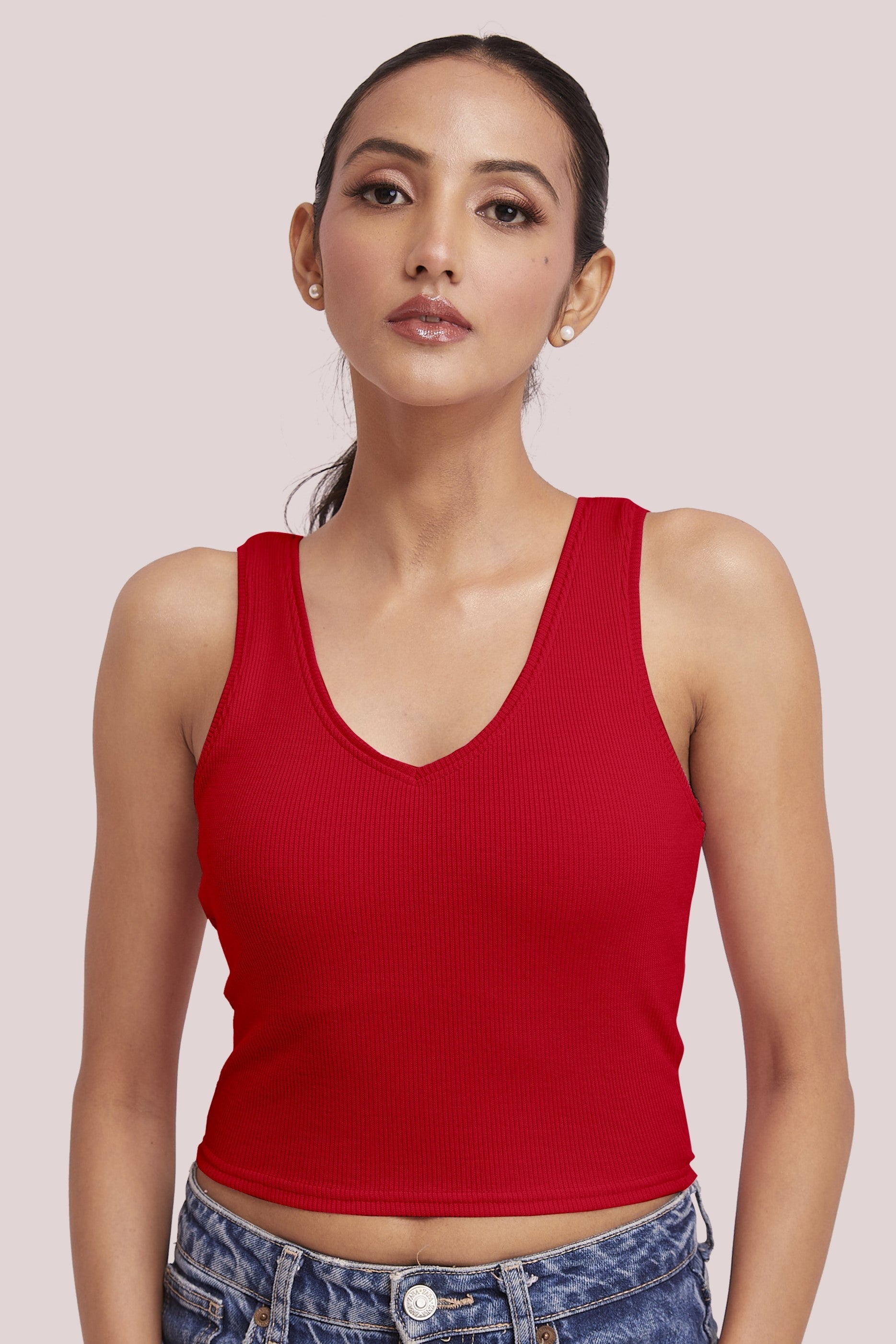 Bright Red Ribbed Scoop Neck Sleeveless Crop Top
