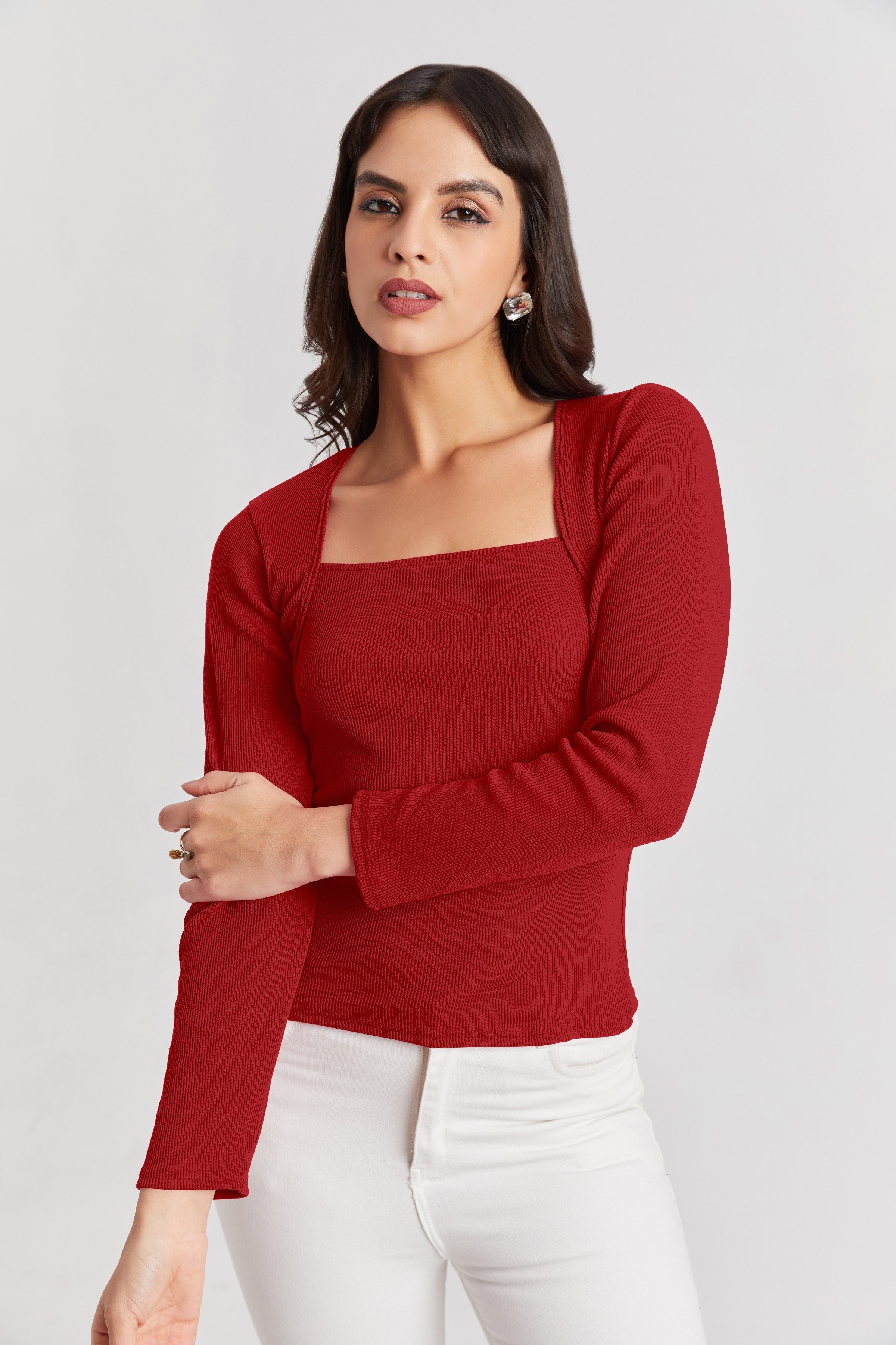 Deep Red Ribbed Square Neck Top