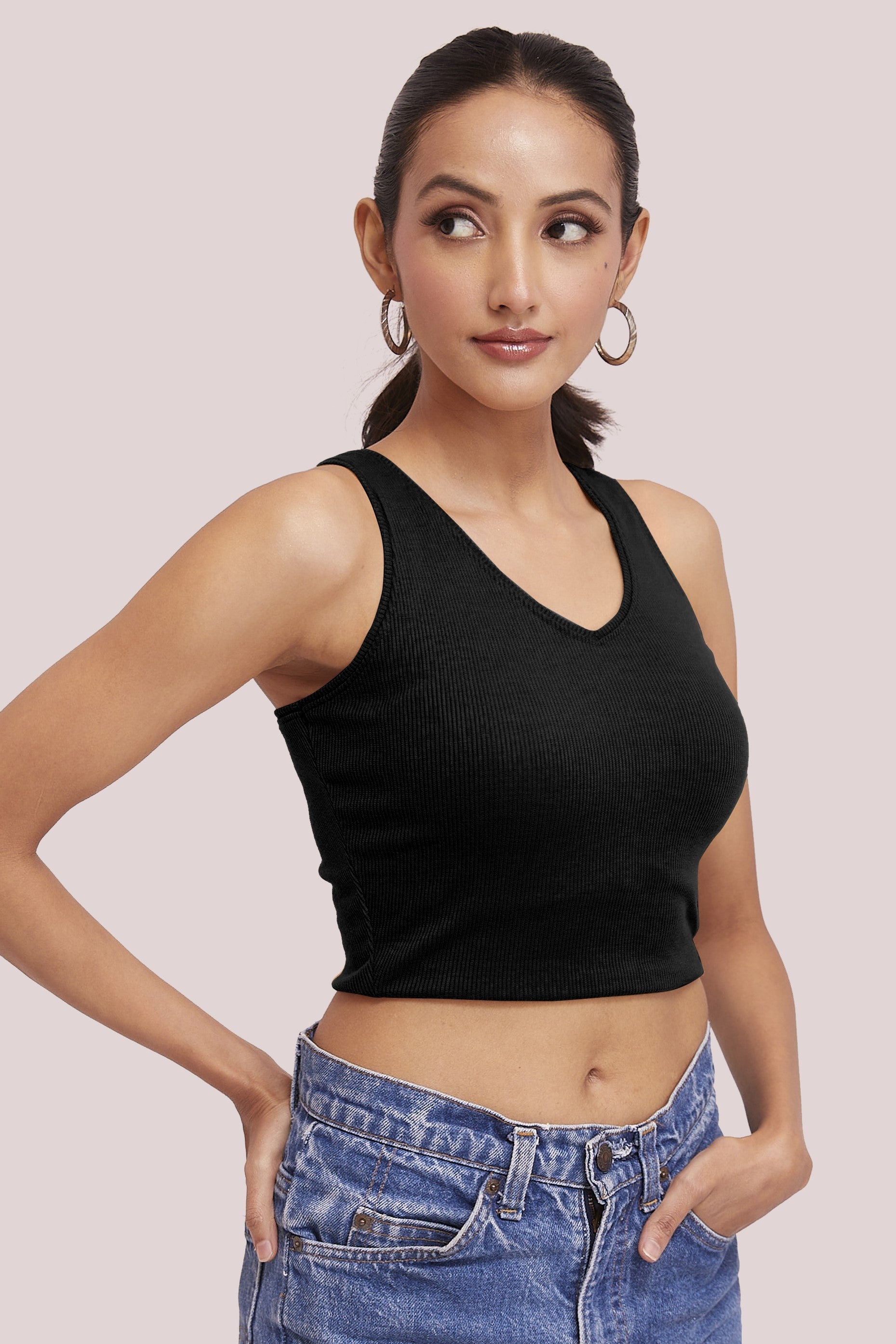 Black Ribbed Scoop Neck Sleeveless Crop Top