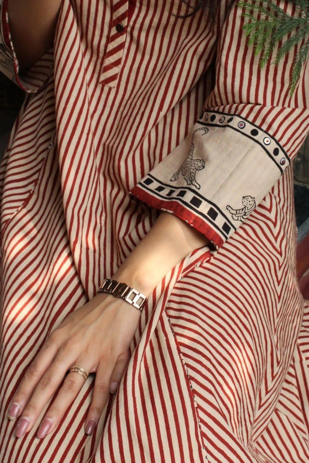 Rust & Cream Striped A-Line Cotton Kurti Dress