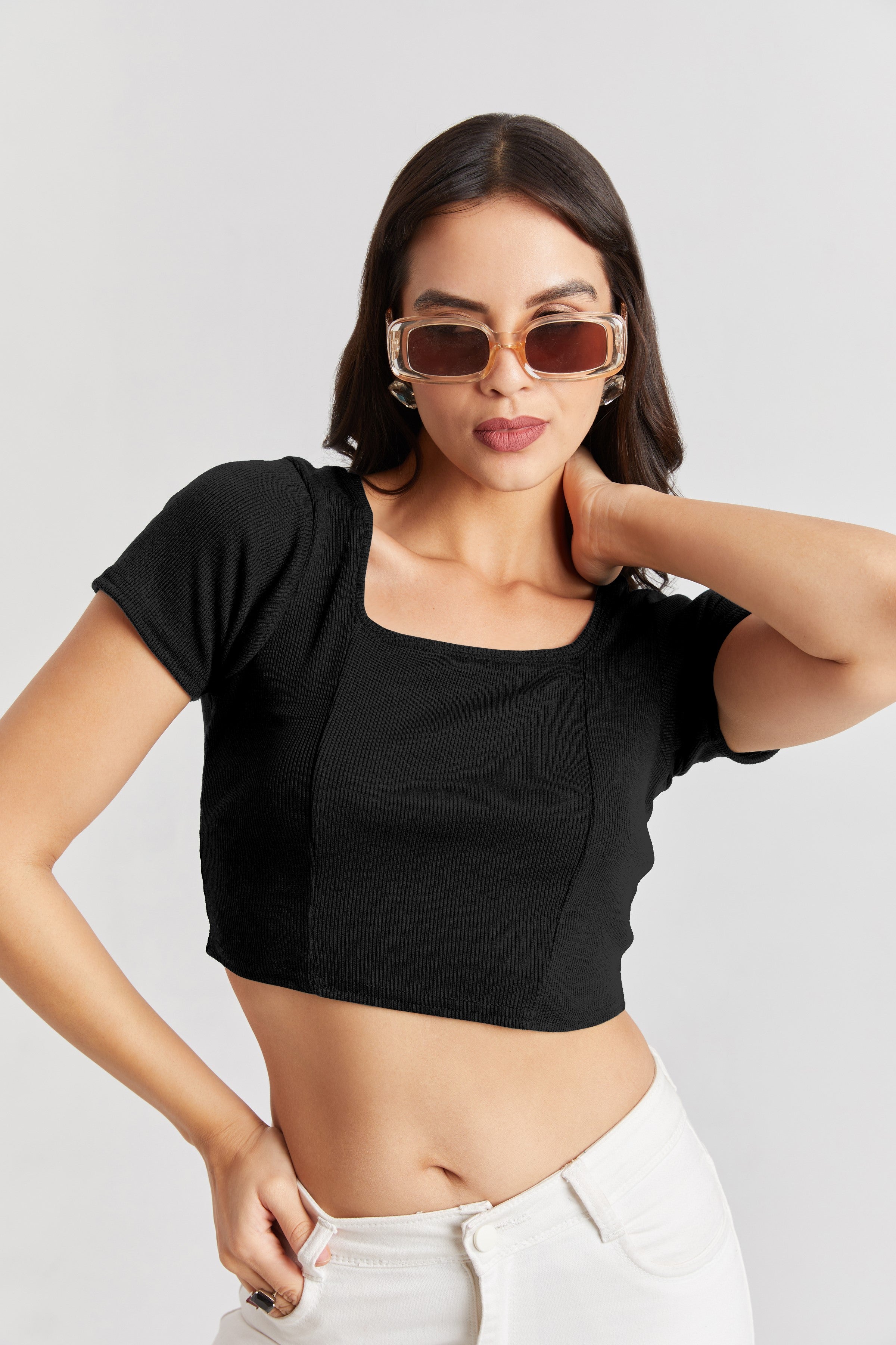 Black Ribbed Square Neck Crop Top