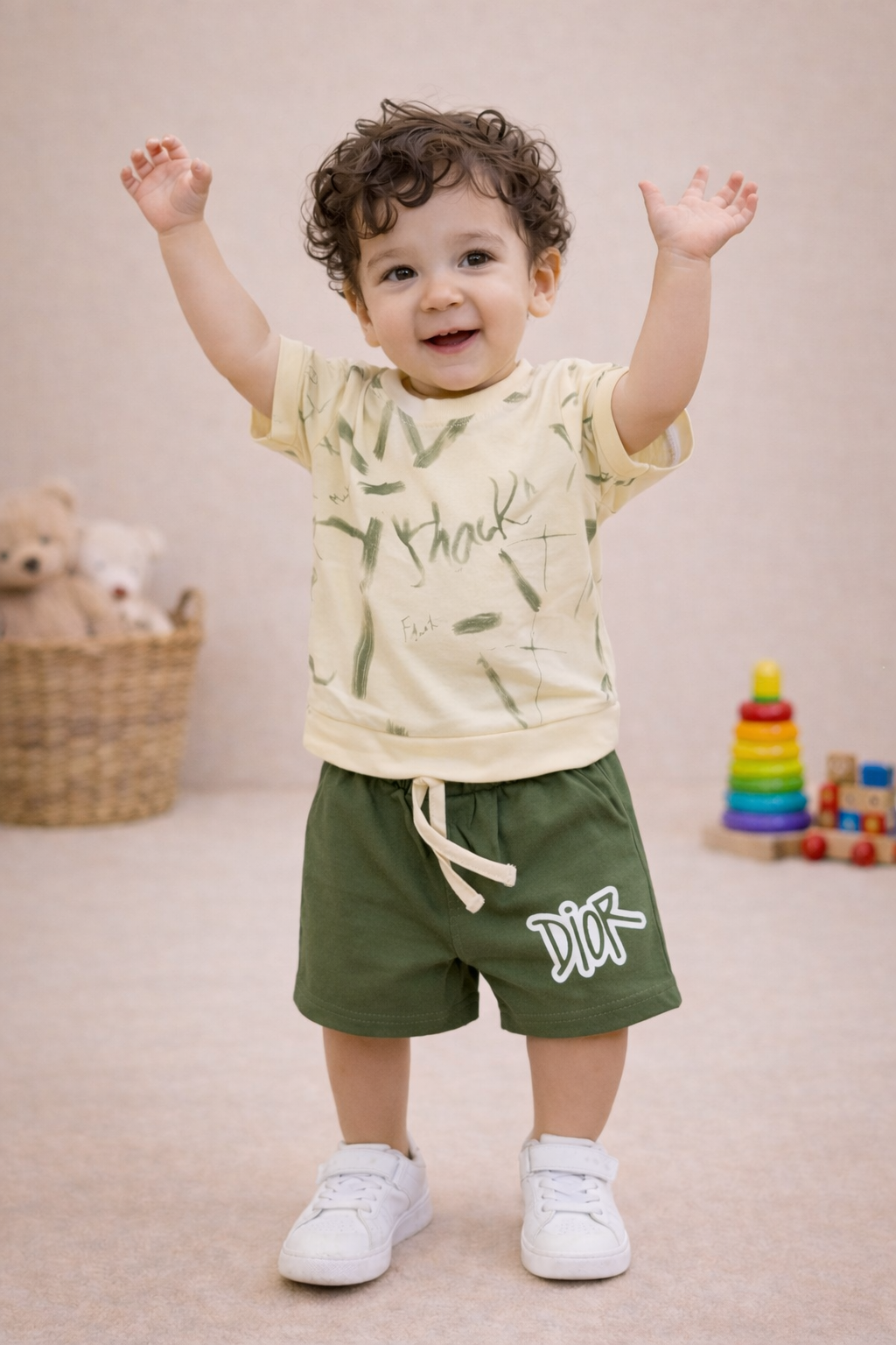 Kids Cream & Rust Orange Co-ord Set with Printed Shorts