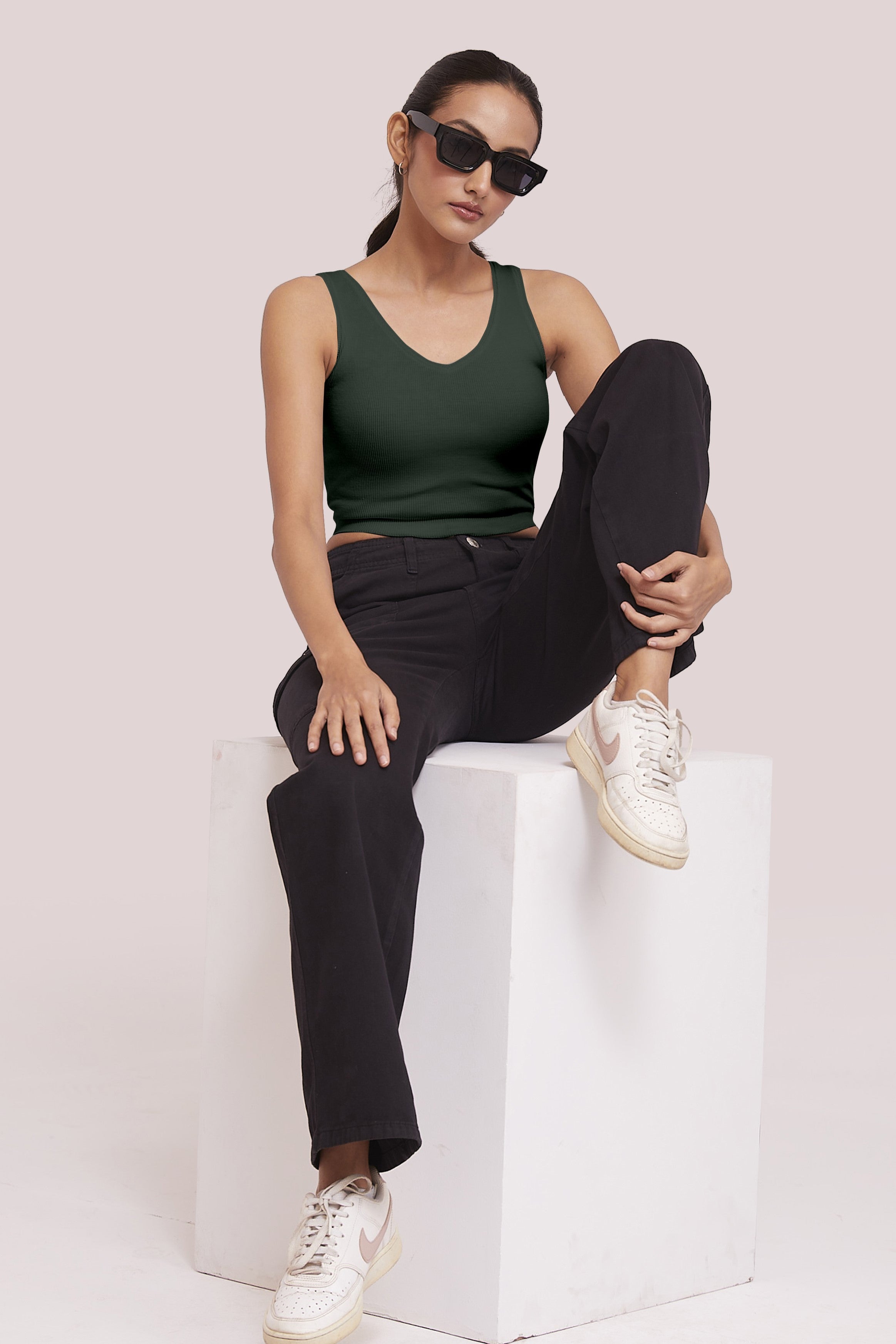 Black Ribbed Scoop Neck Sleeveless Crop Top