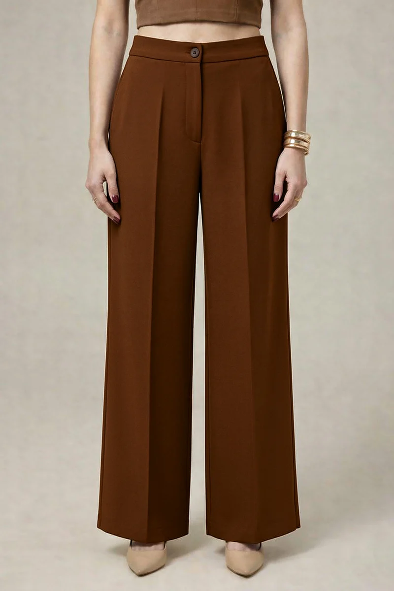 Chic Brown High-Waist Wide Leg Tailored Trousers for Women