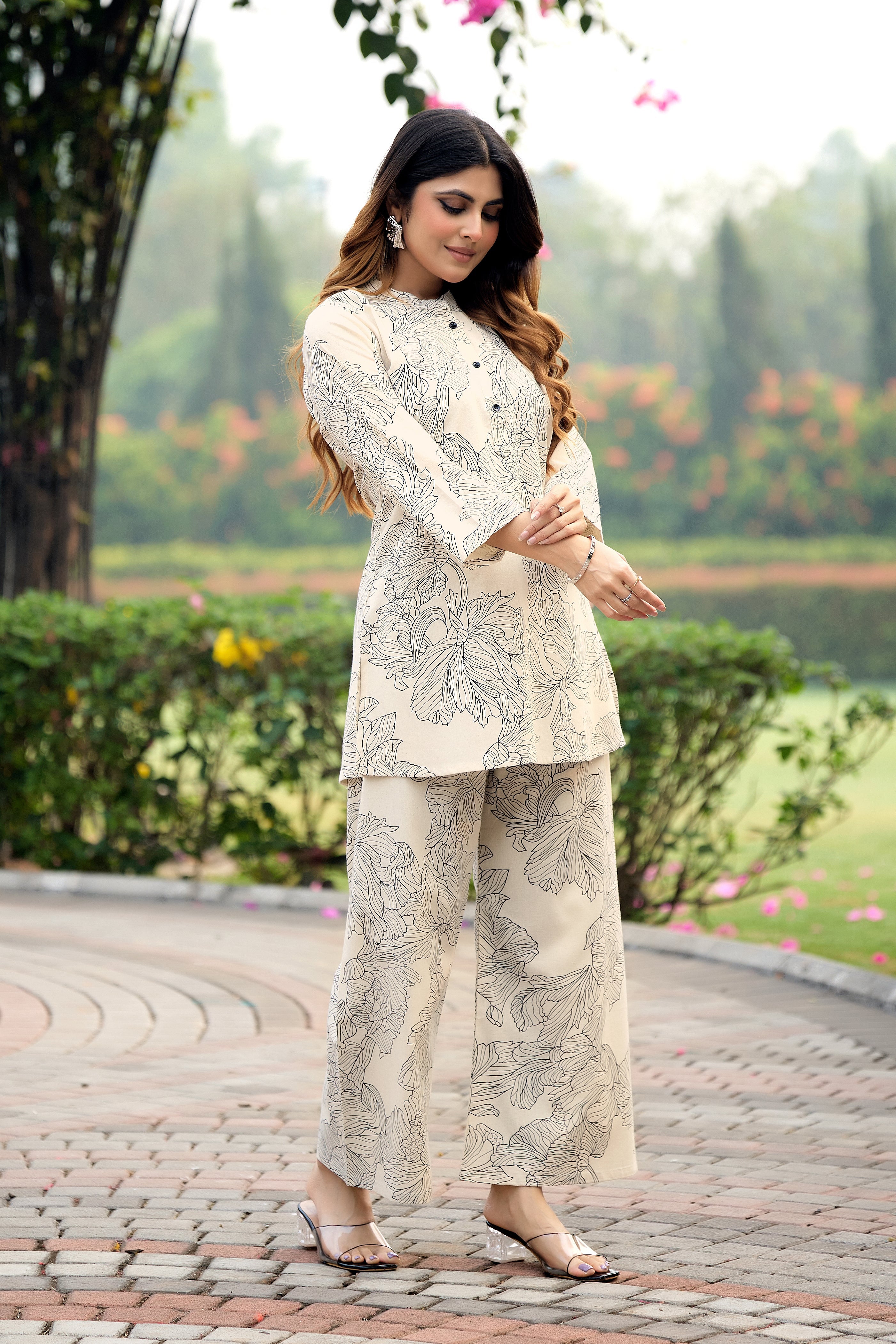 Soft Beige Floral Line Print Co-ord Set