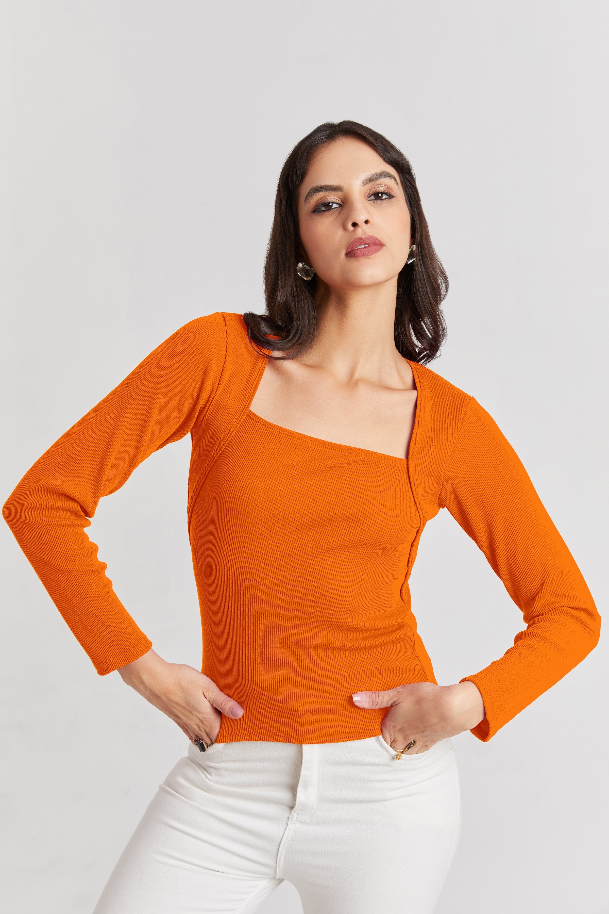 Orange Ribbed Square Neck Top
