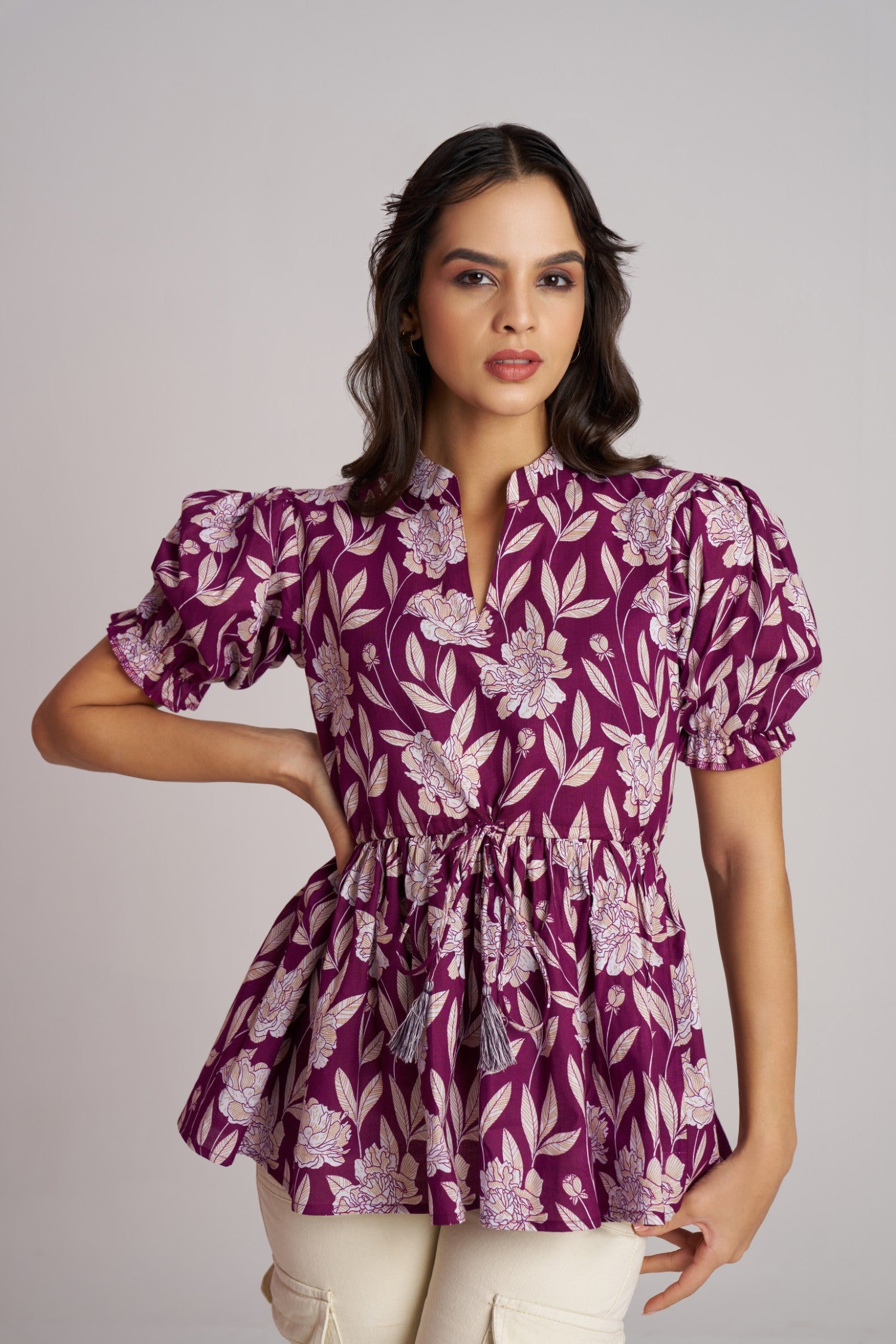 Olive Bloom Puff Sleeve Peplum Top