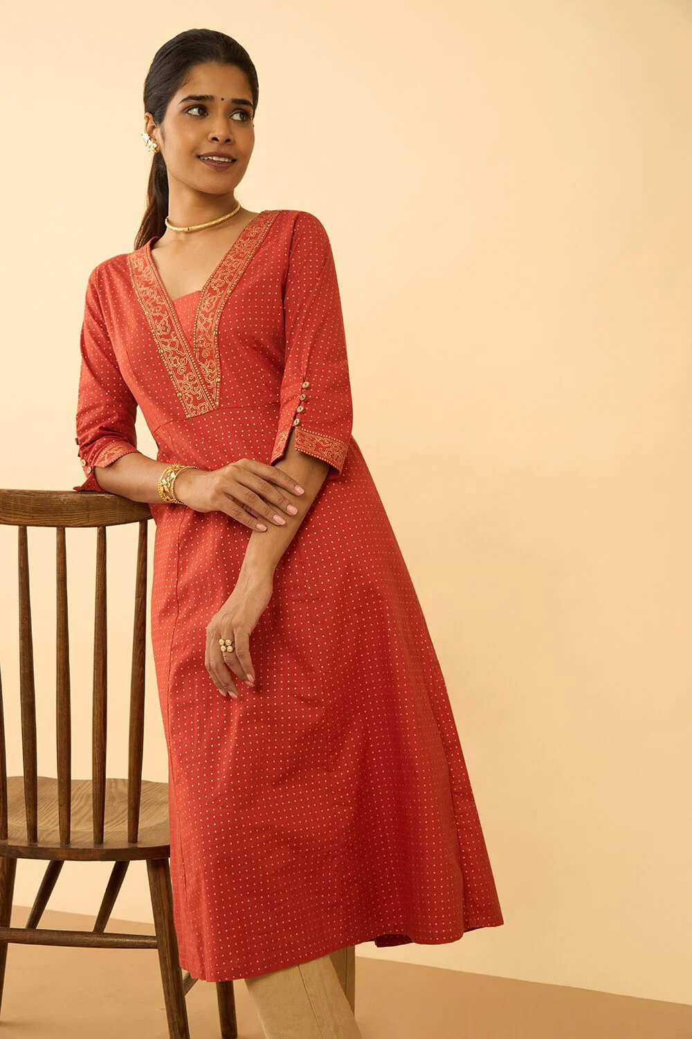 Coral Red Embroidered V-Neck Kurta