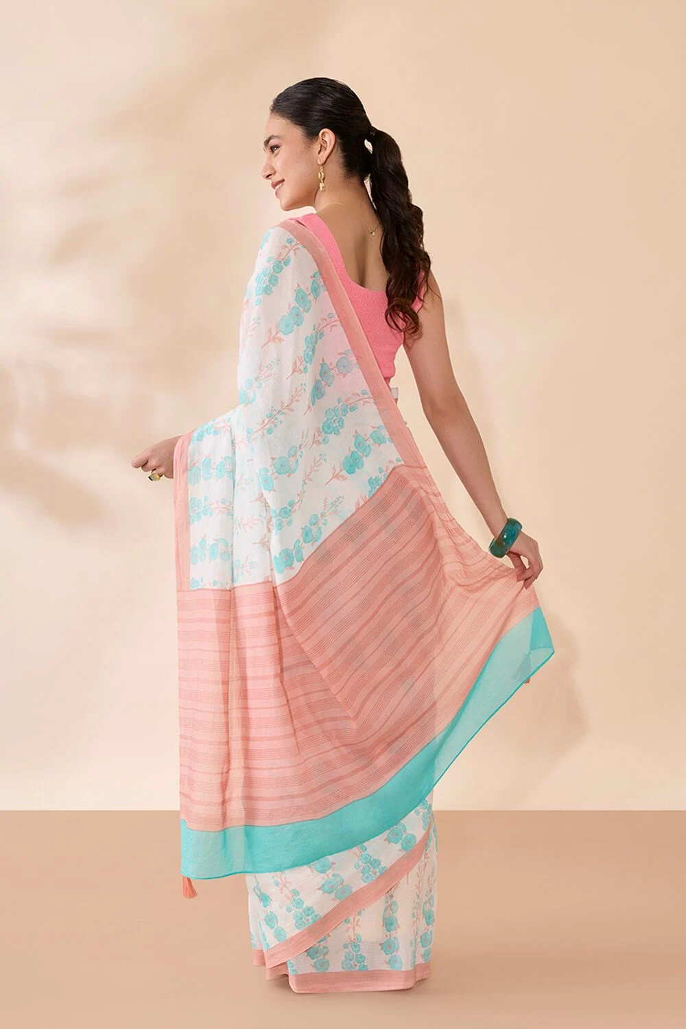 Beige Textured Silk Saree with Scallop Border