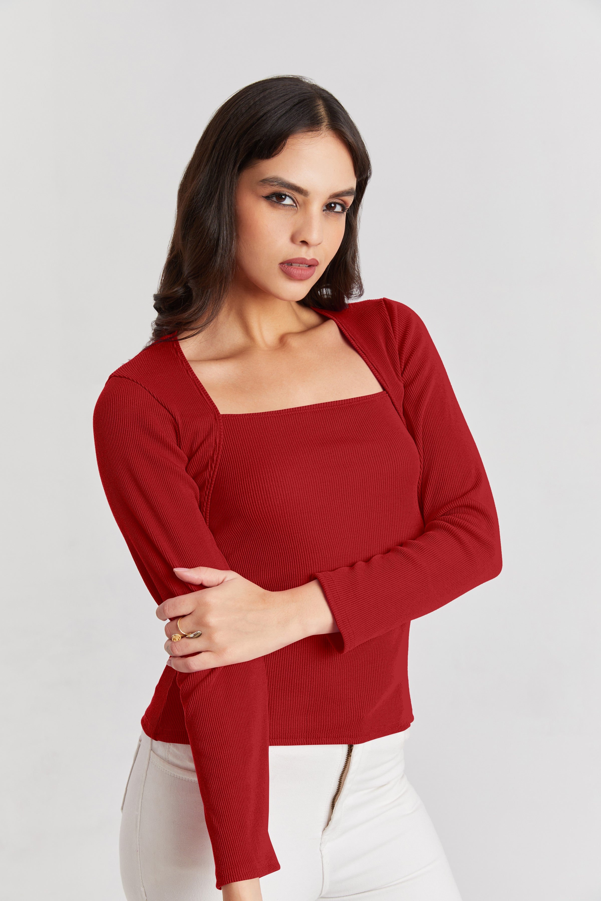 Black Ribbed Square Neck Top