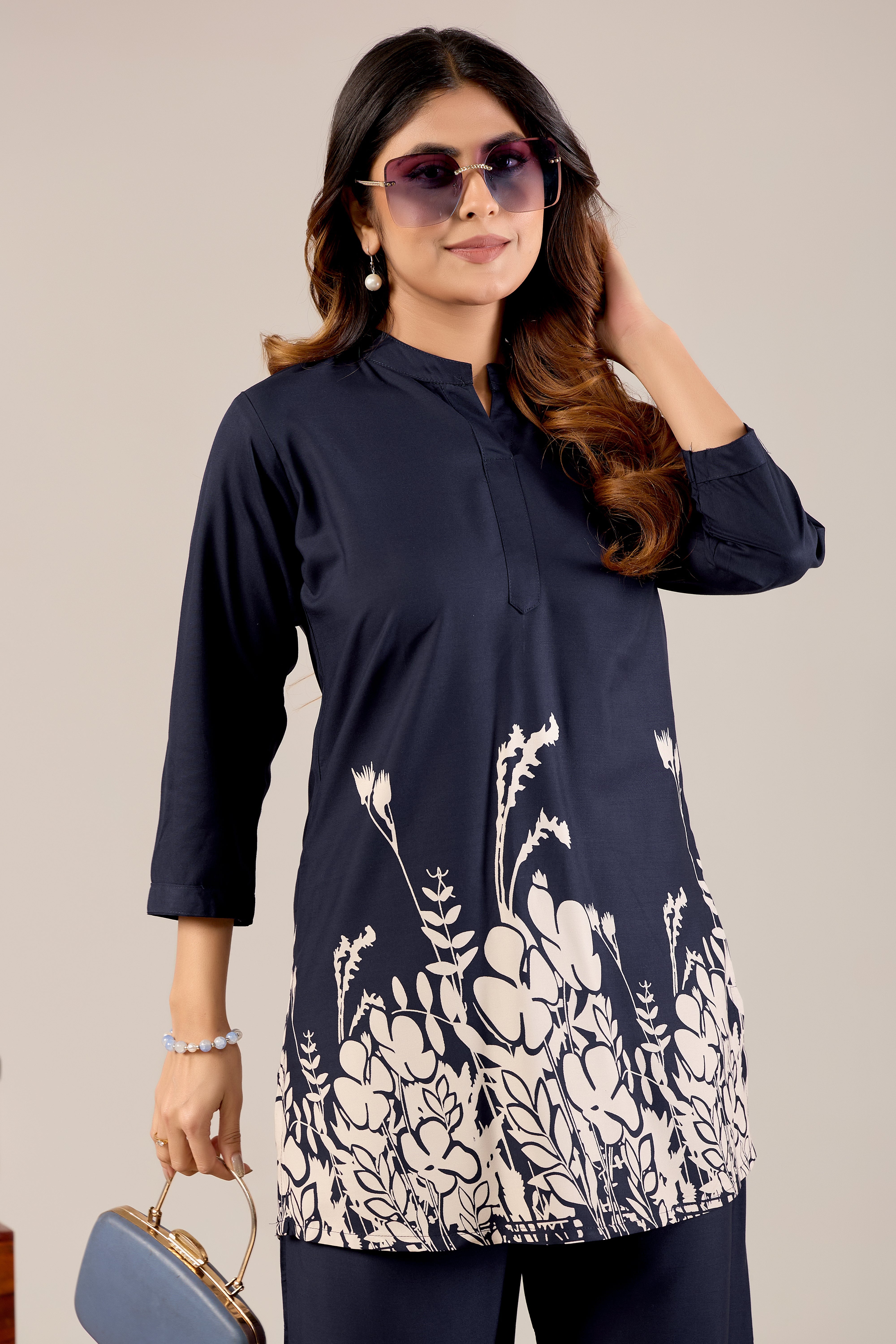 Navy Blue Floral Silhouette Co-ord Set