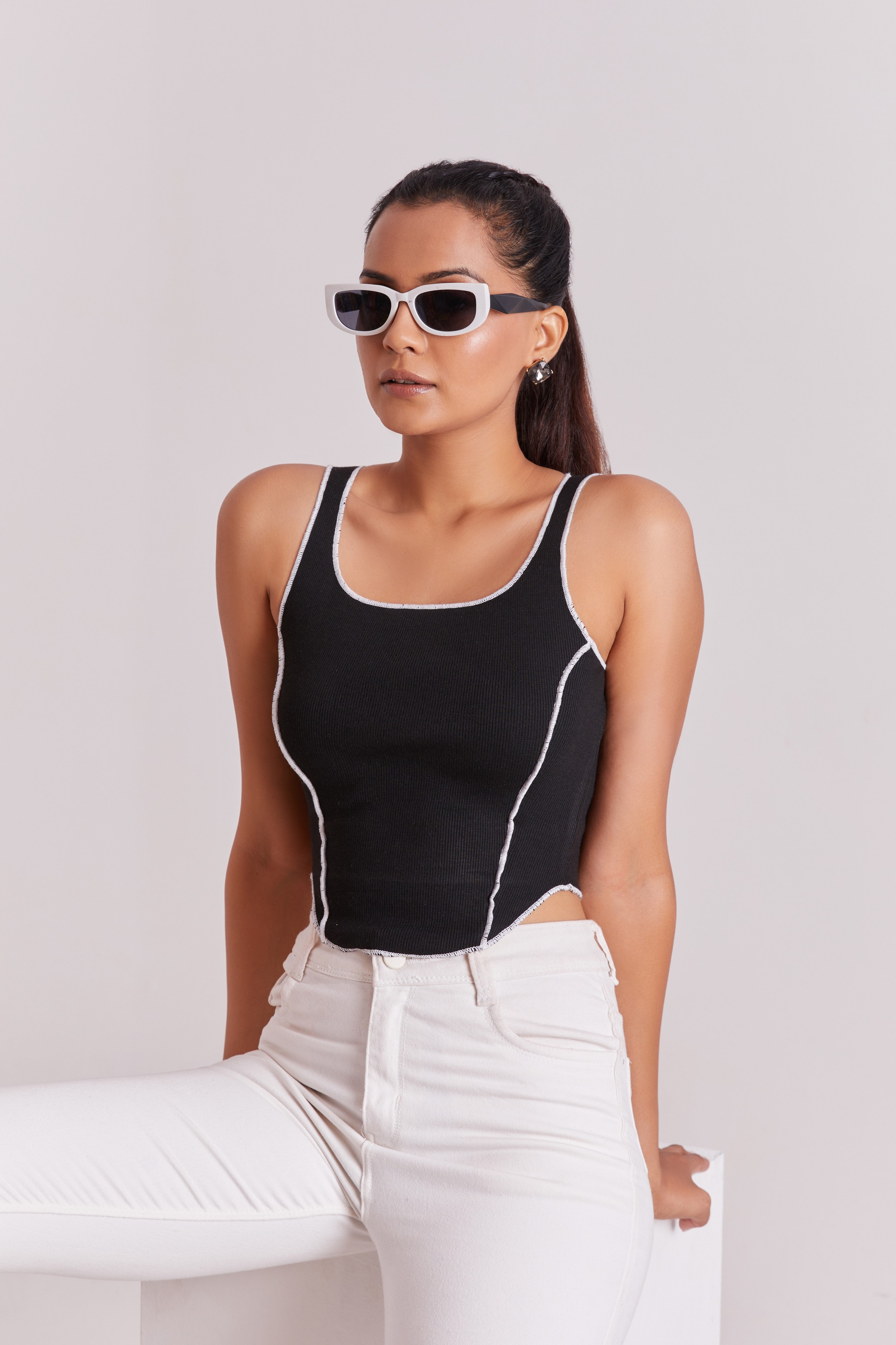 Black Contrast Stitch Tank Top