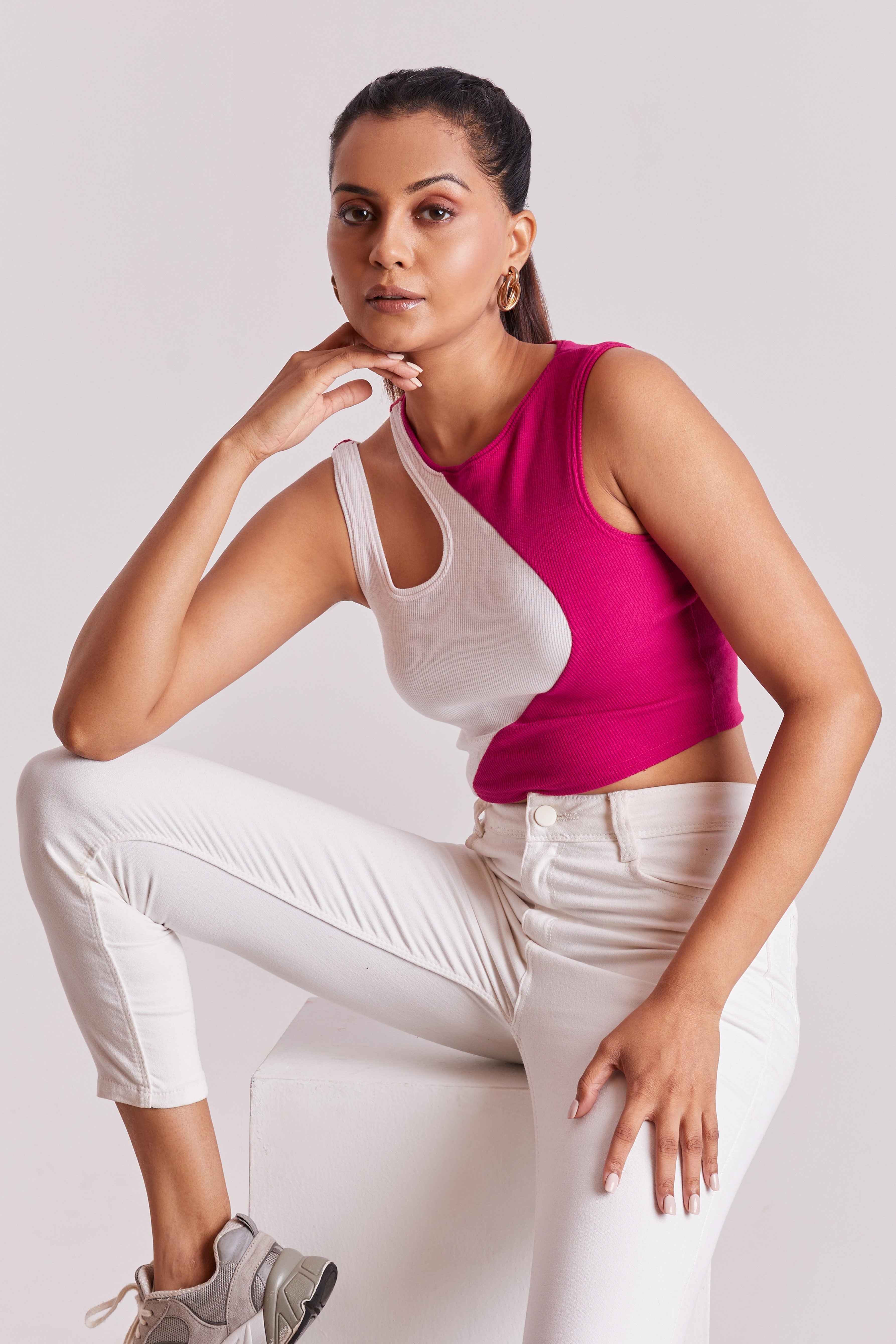 Black-Ribbed Sleeveless Cut-Out Tank Top