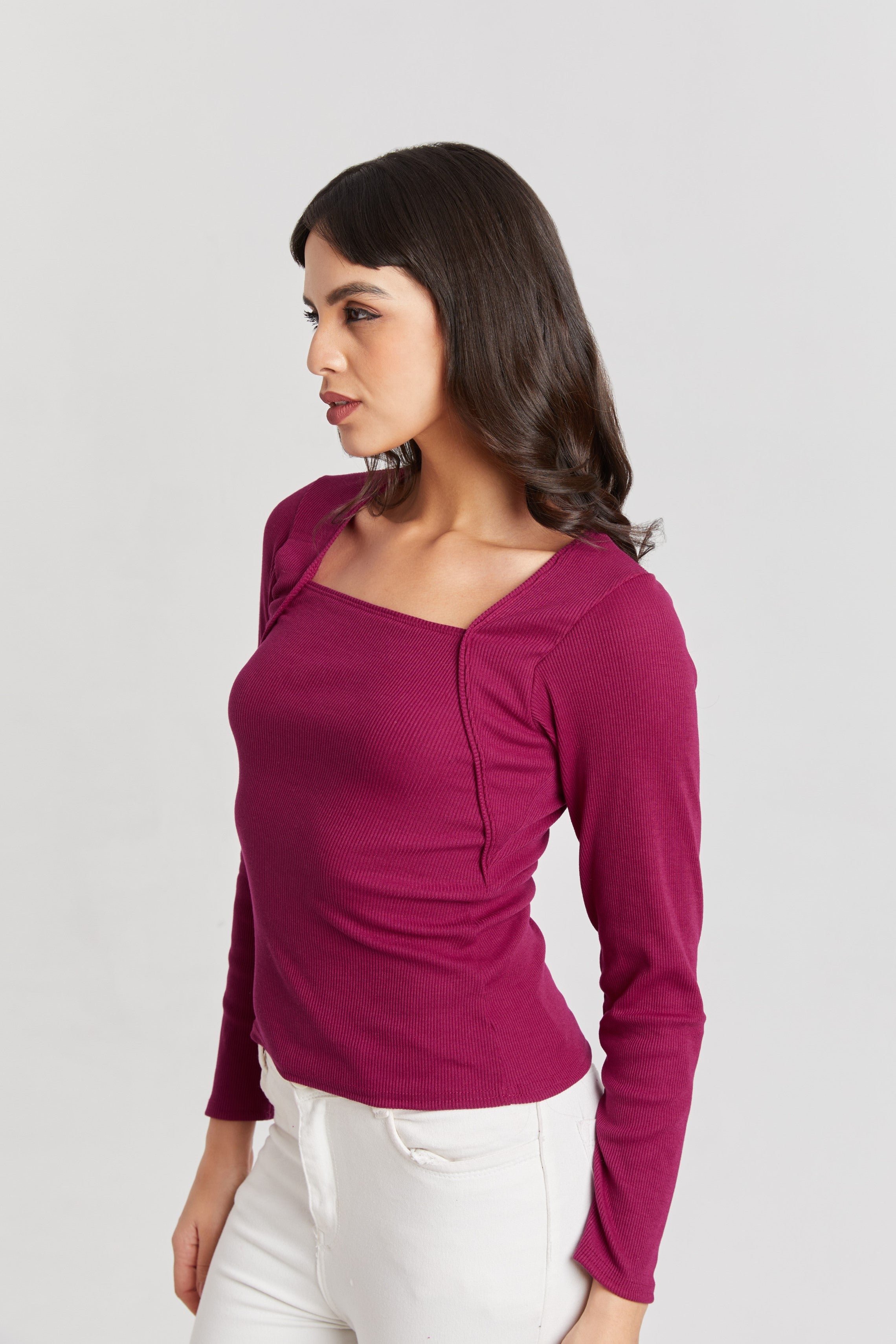 Wine Ribbed Square Neck Top