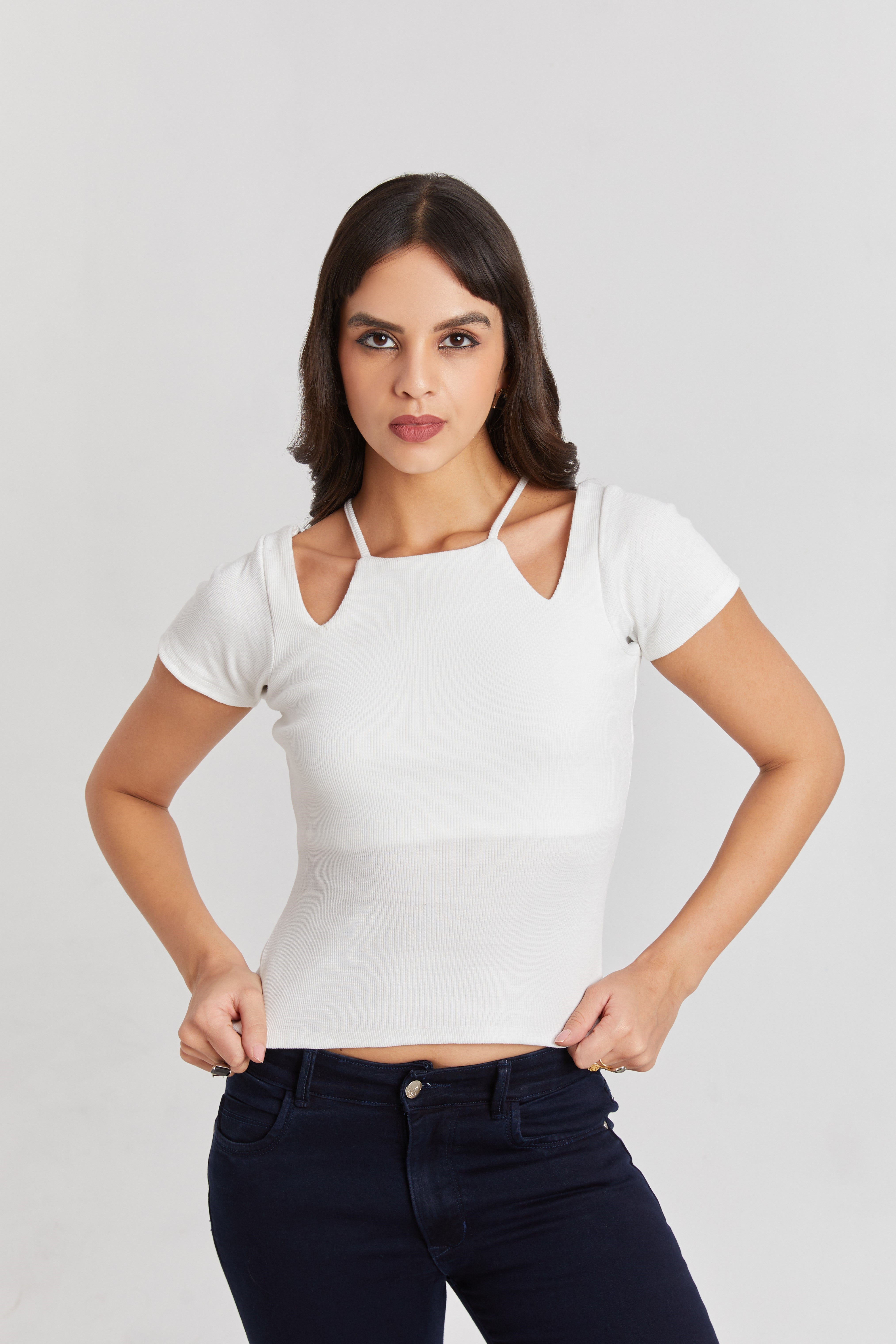 Midnight White Ribbed Cutout Top