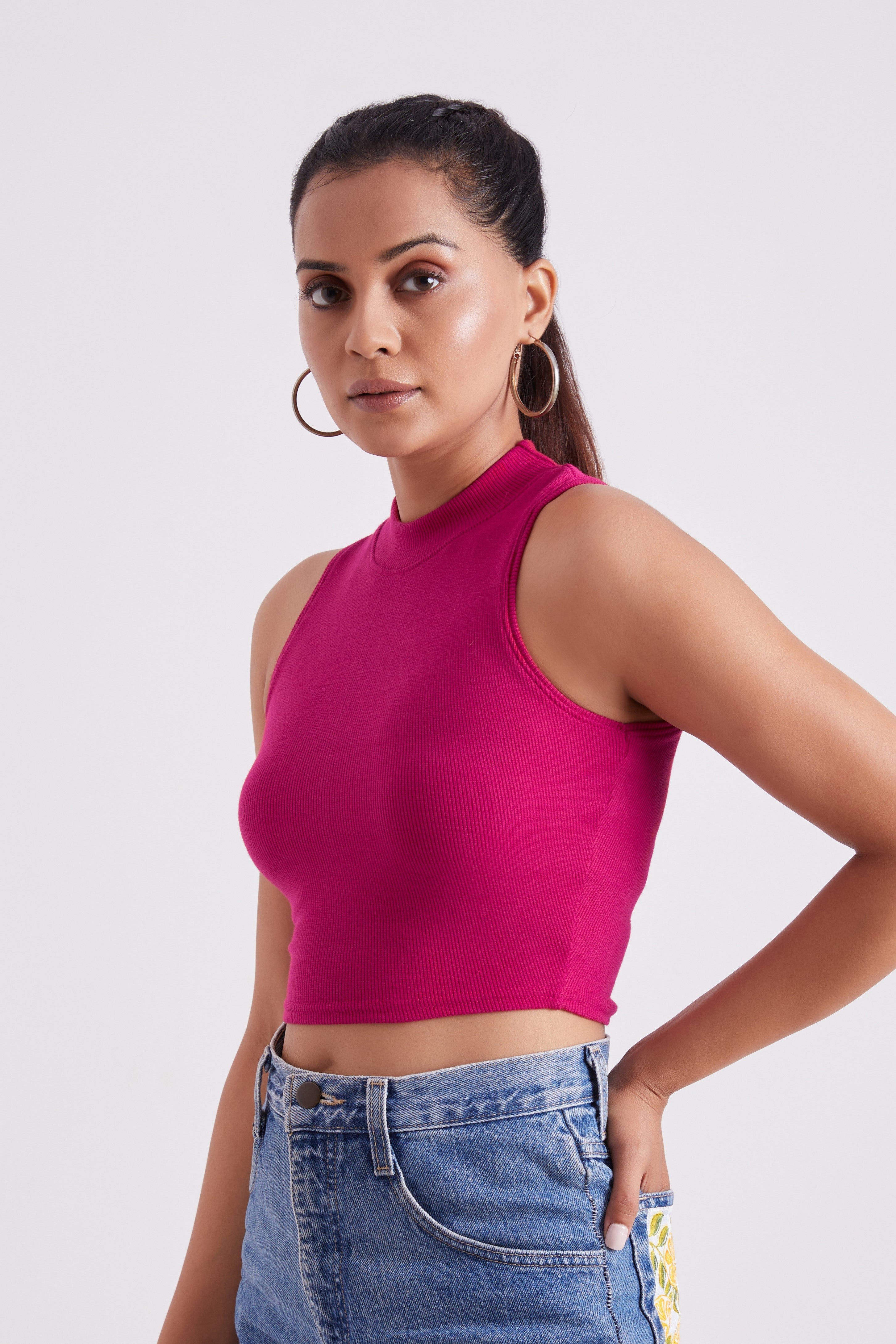 Pink Ribbed High Neck Sleeveless Crop Top