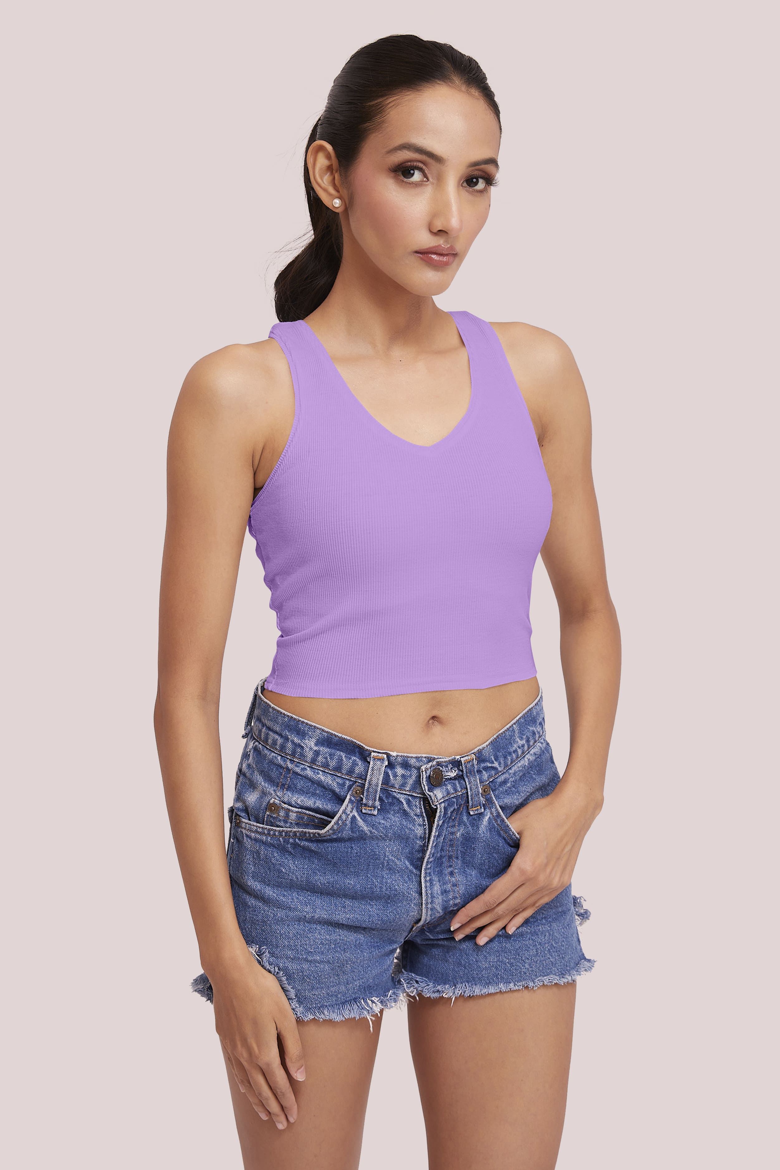 Lavender Ribbed V-Neck Sleeveless Crop Top