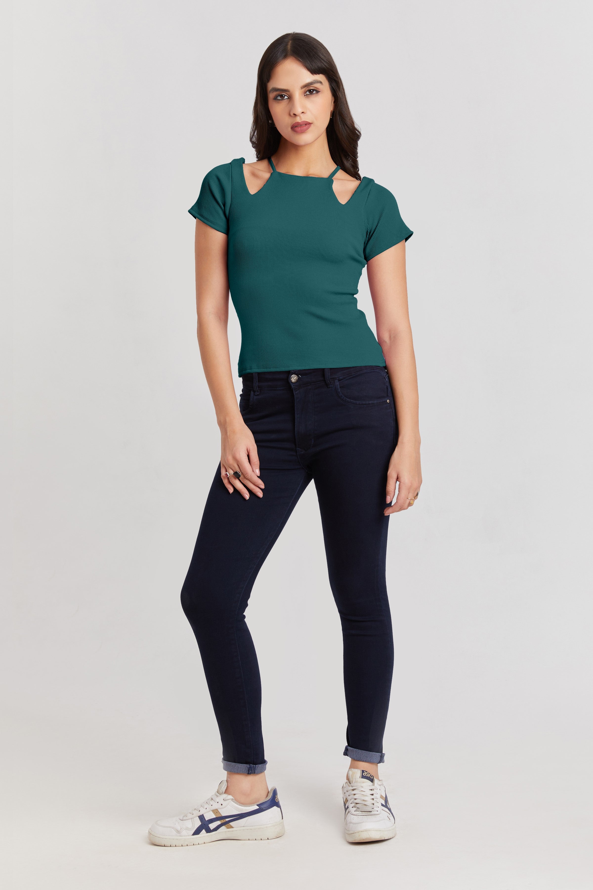 Midnight Black Ribbed Cutout Top