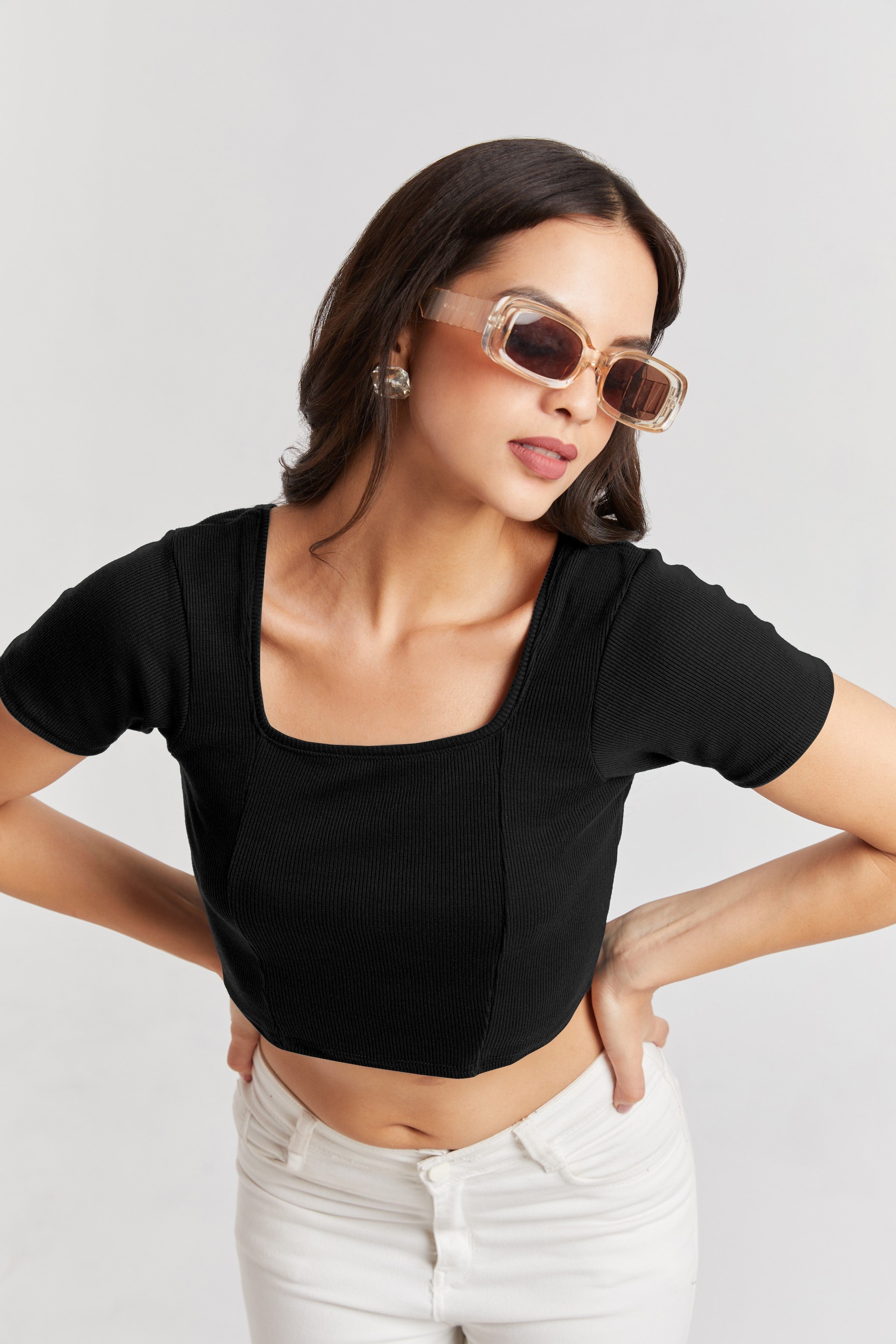 Black Ribbed Square Neck Crop Top