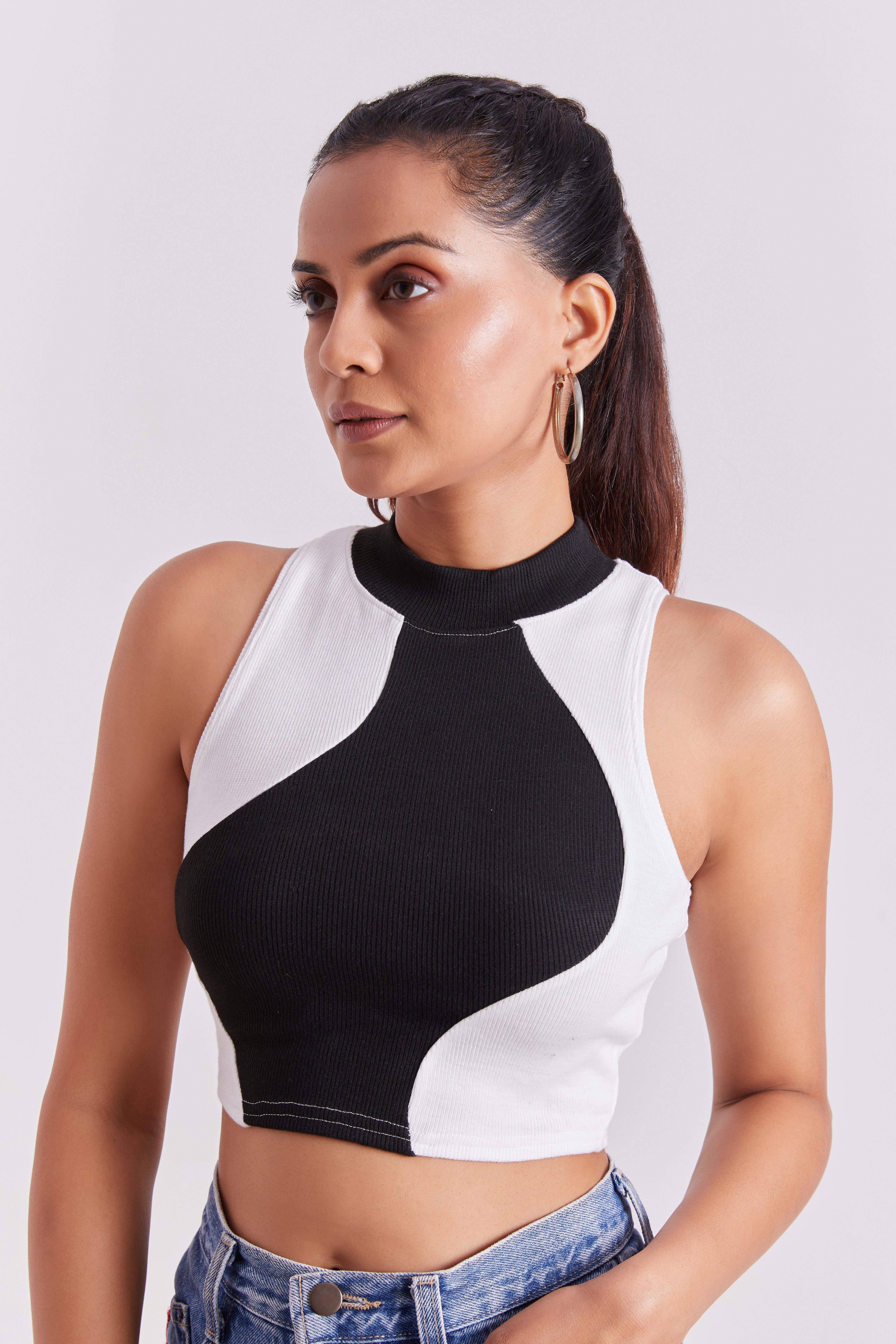 Forest Green Ribbed High Neck Sleeveless Crop Top