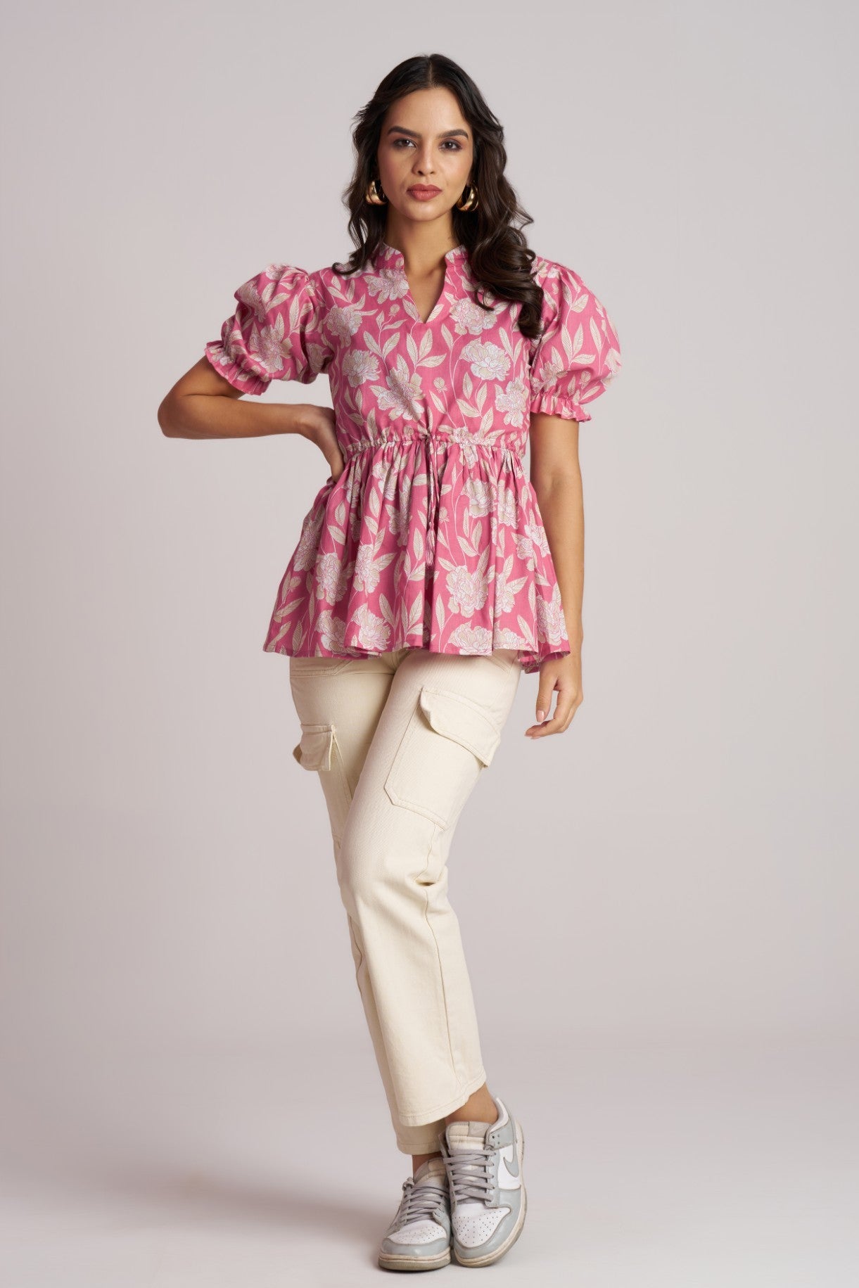Olive Bloom Puff Sleeve Peplum Top