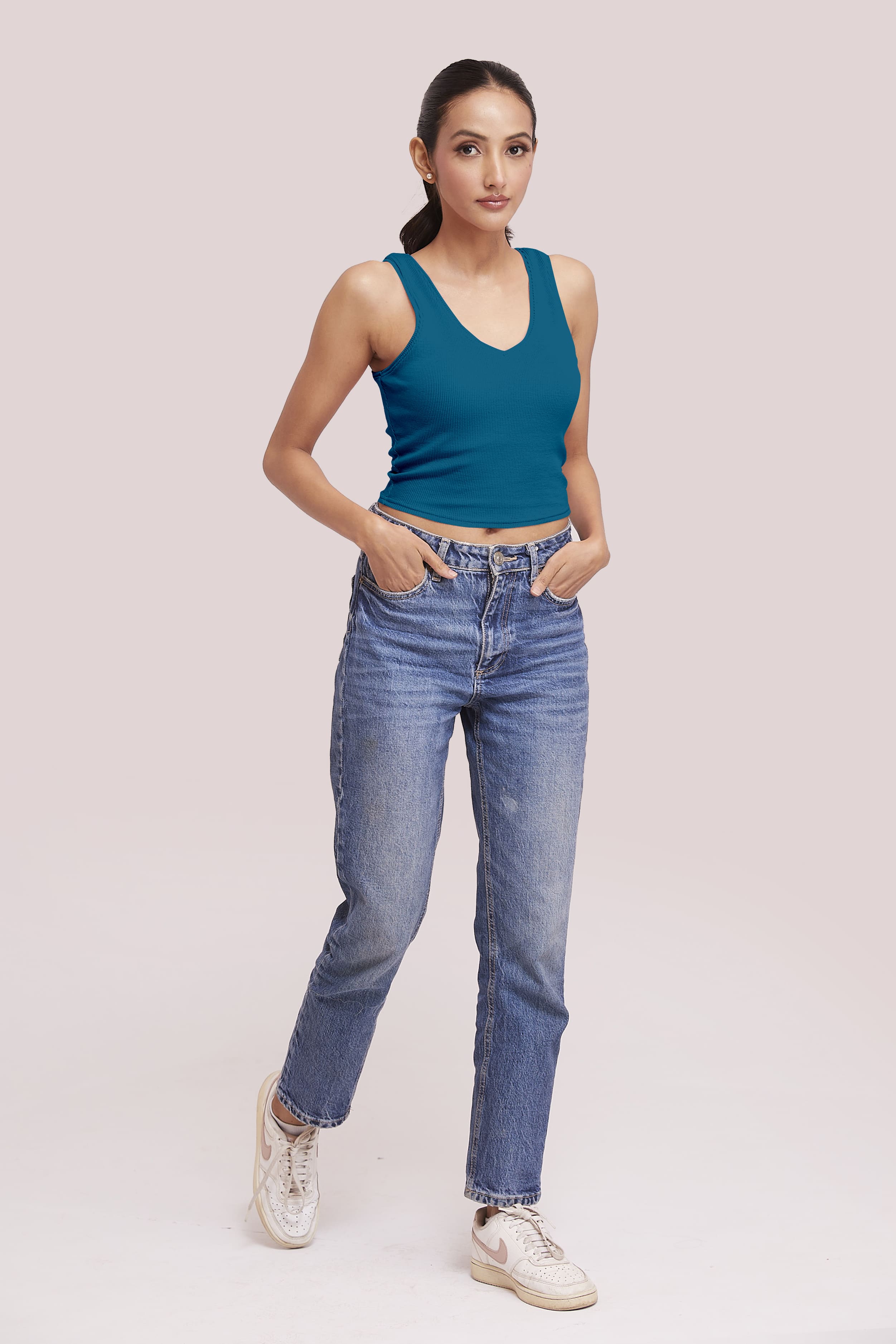 Teal Green Ribbed Scoop Neck Sleeveless Crop Top