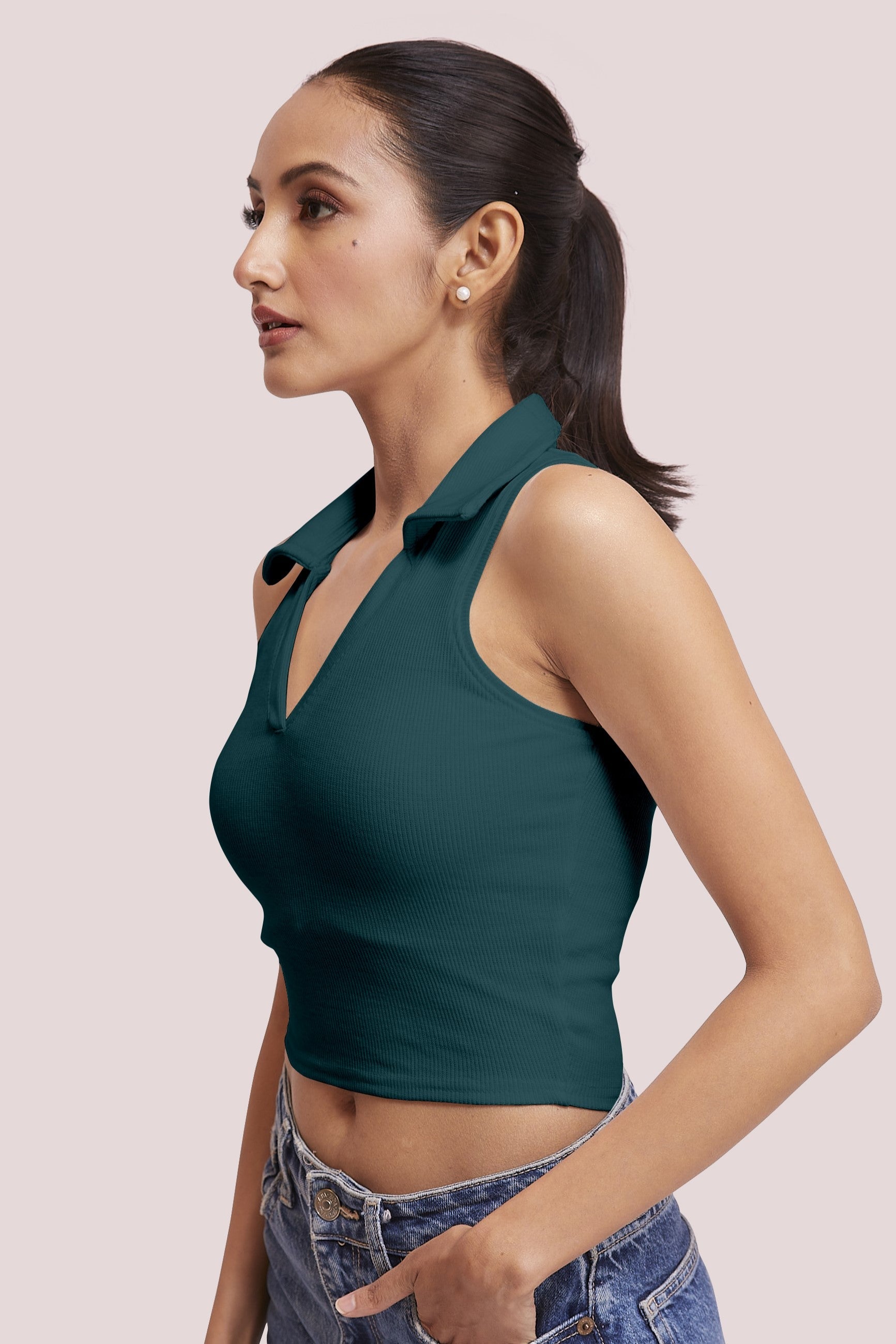 Tail Green-Ribbed Collared Sleeveless Crop Top