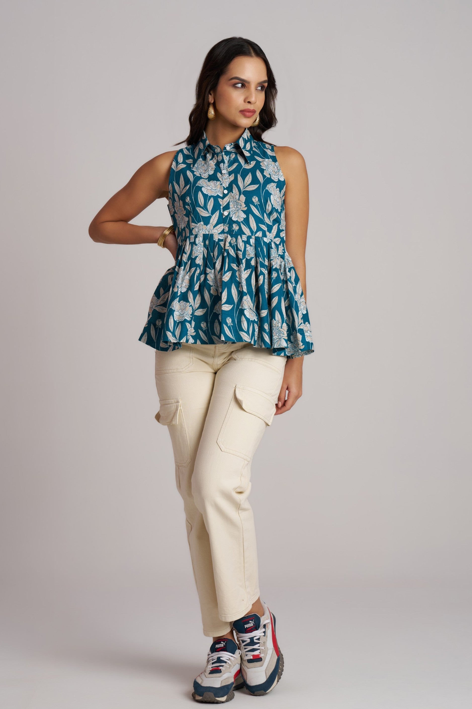 Olive Bloom Sleeveless Peplum Top