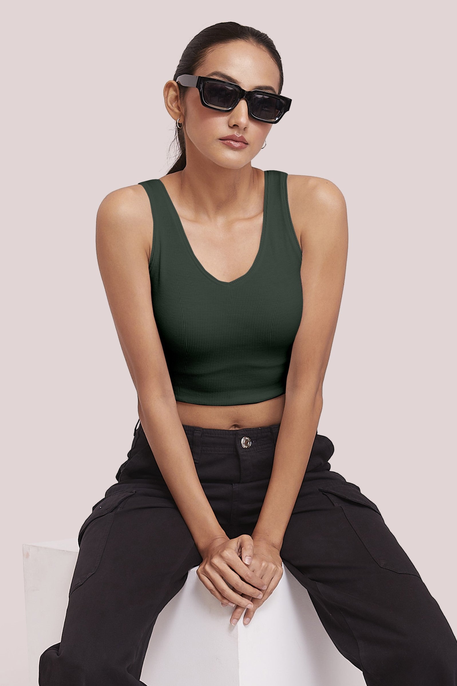 Black Ribbed Scoop Neck Sleeveless Crop Top