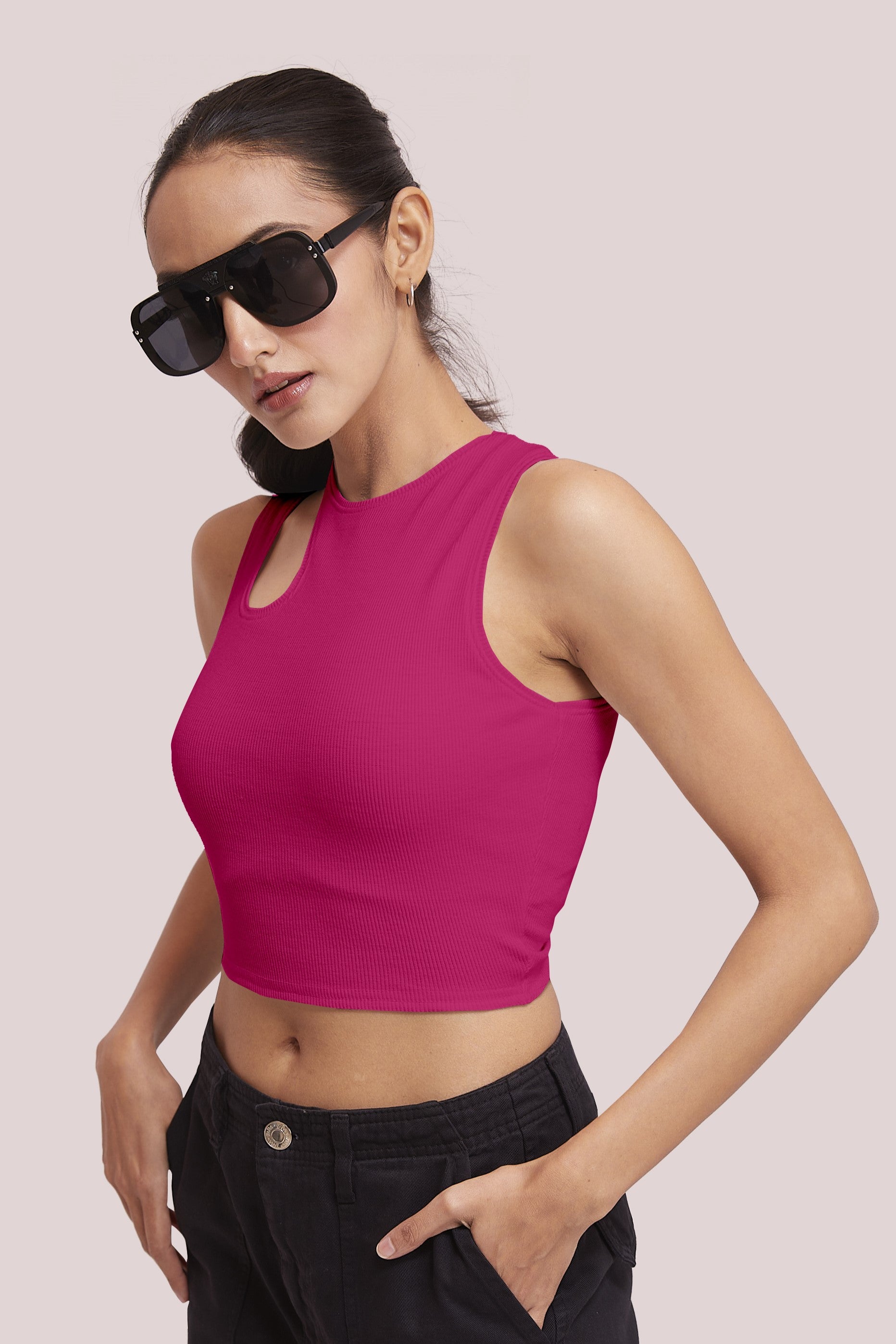 Wine-Ribbed Sleeveless Cut-Out Tank Top