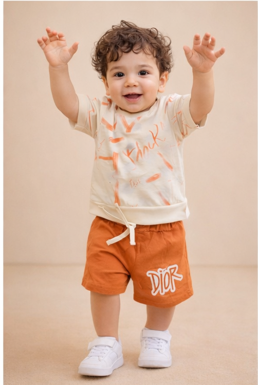 Kids Cream & Rust Orange Co-ord Set with Printed Shorts