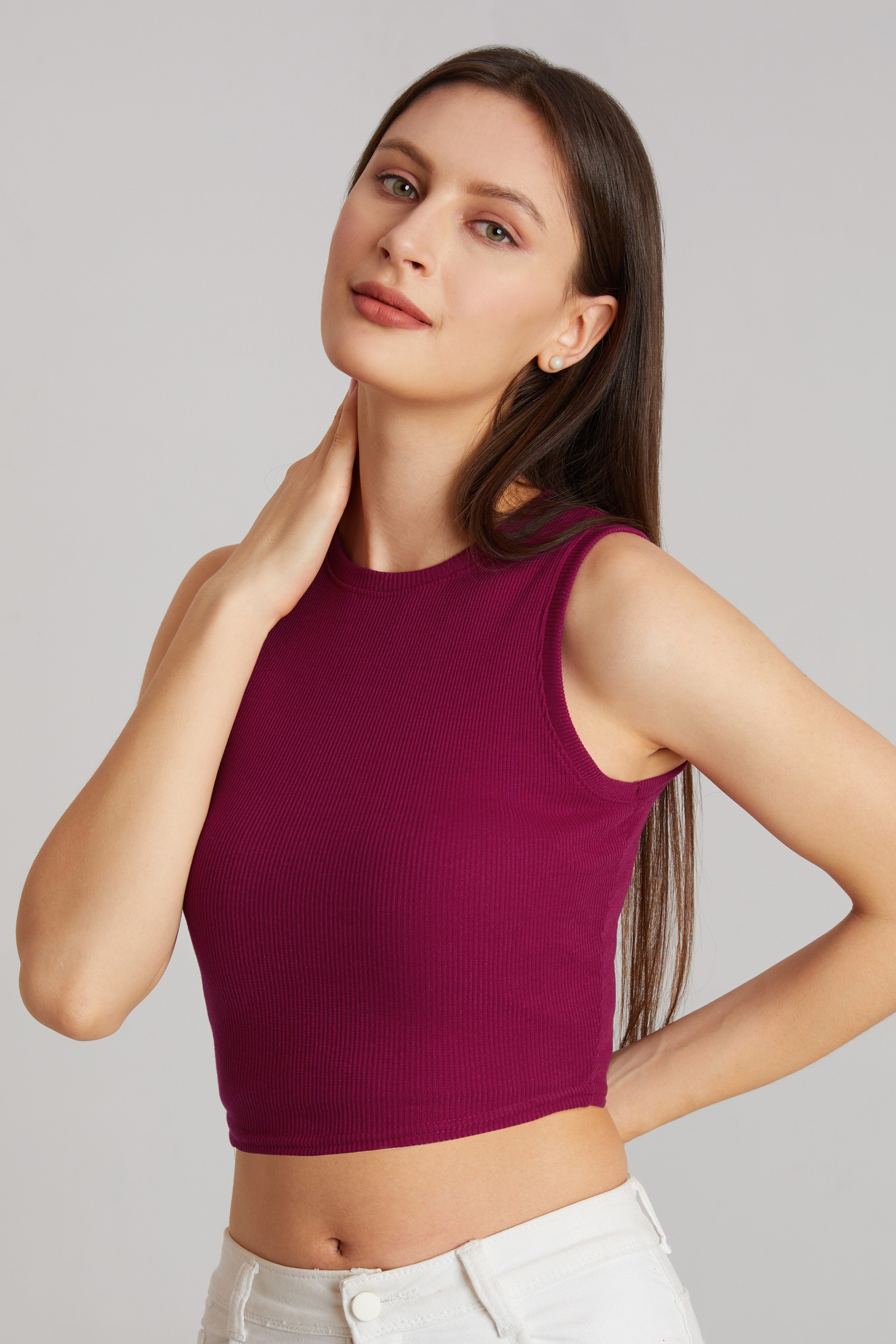 Rich Wine Ribbed Sleeveless Crop Top