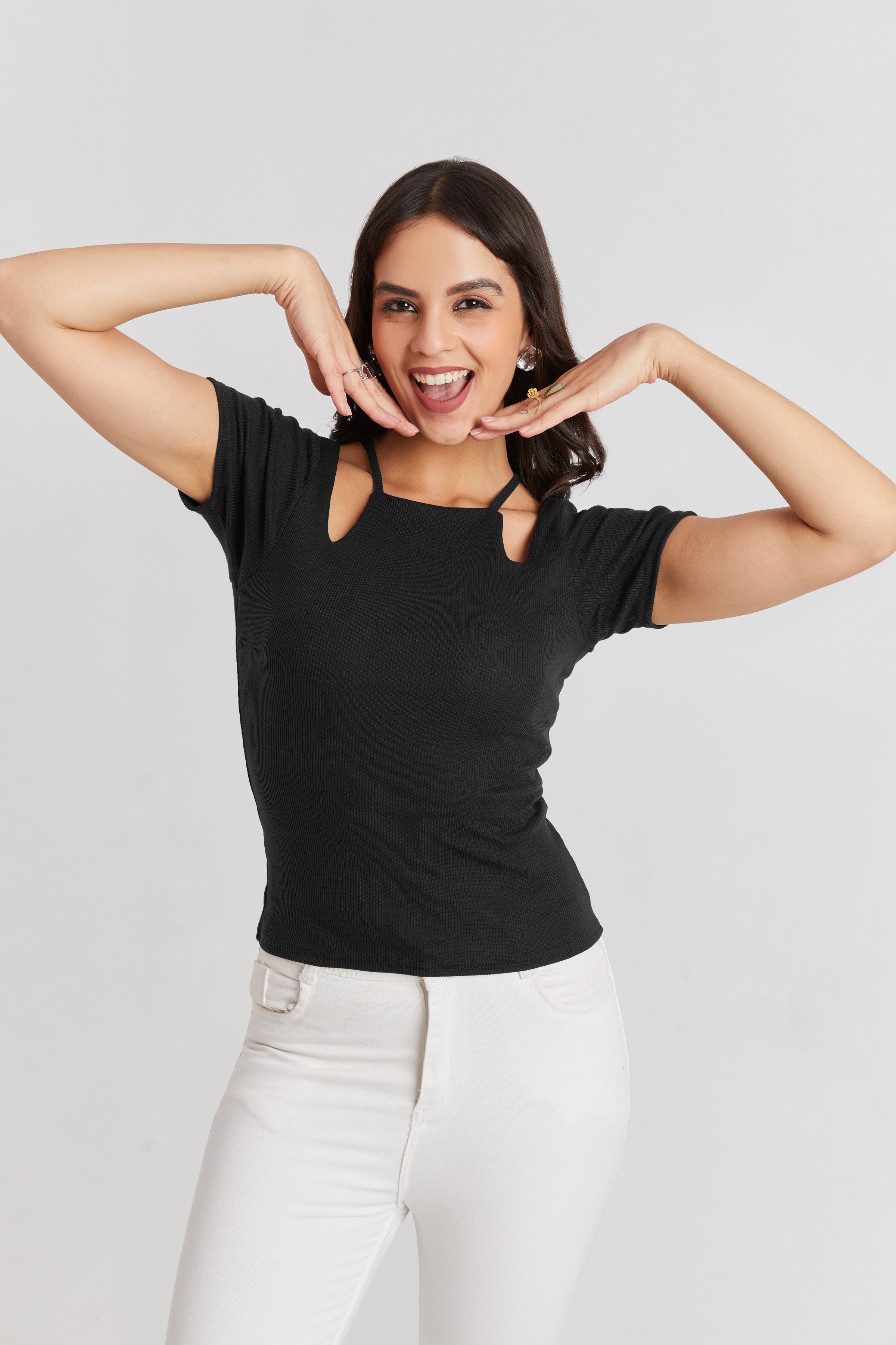 Midnight Black Ribbed Cutout Top