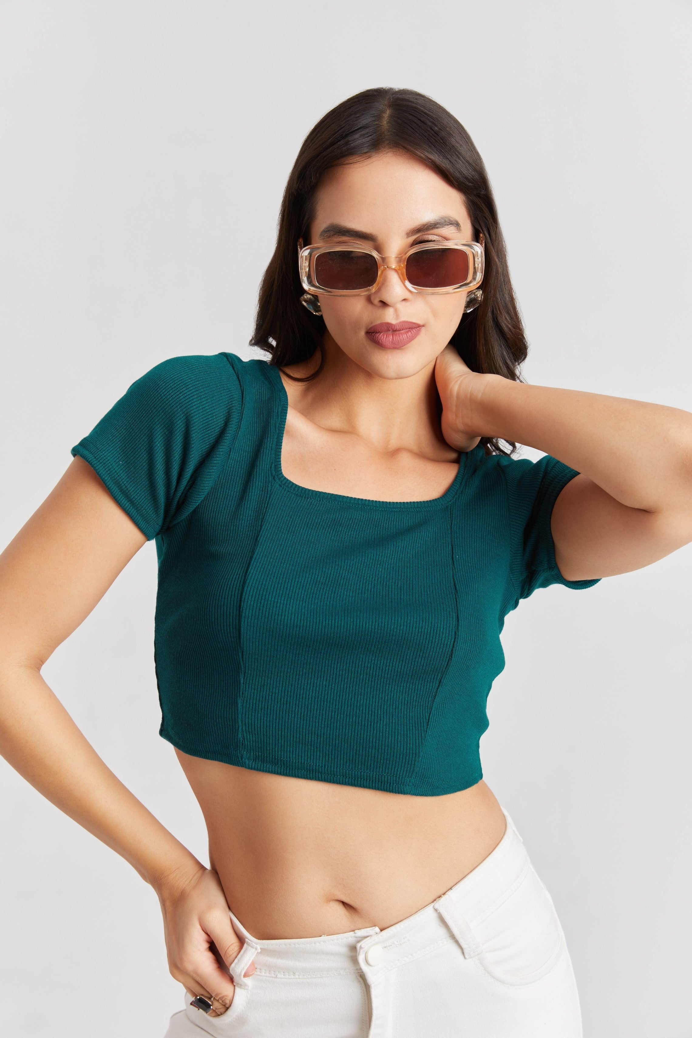 Tail Green Ribbed Square Neck Crop Top