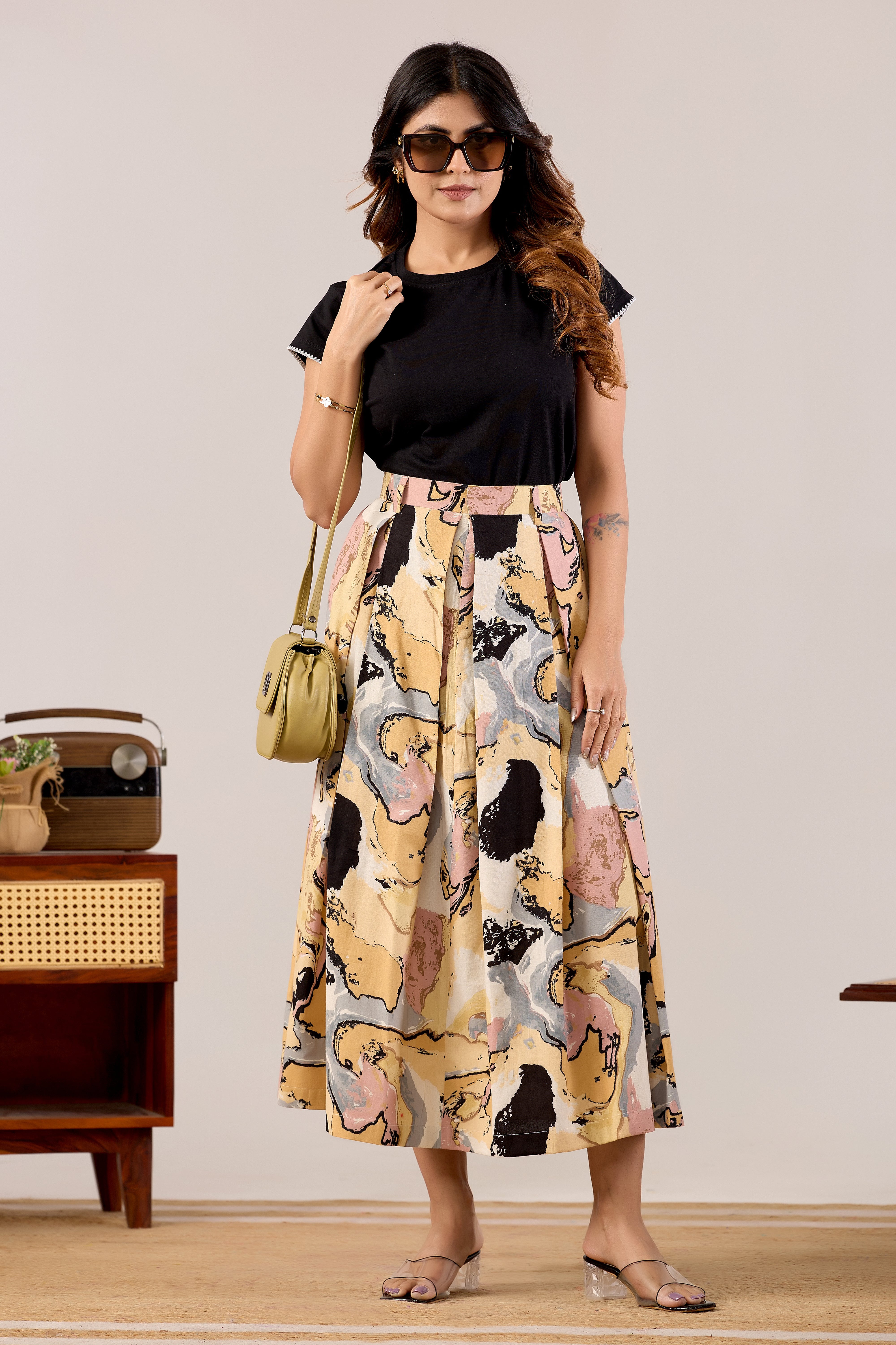 Desert Abstract Pleated Midi Skirt