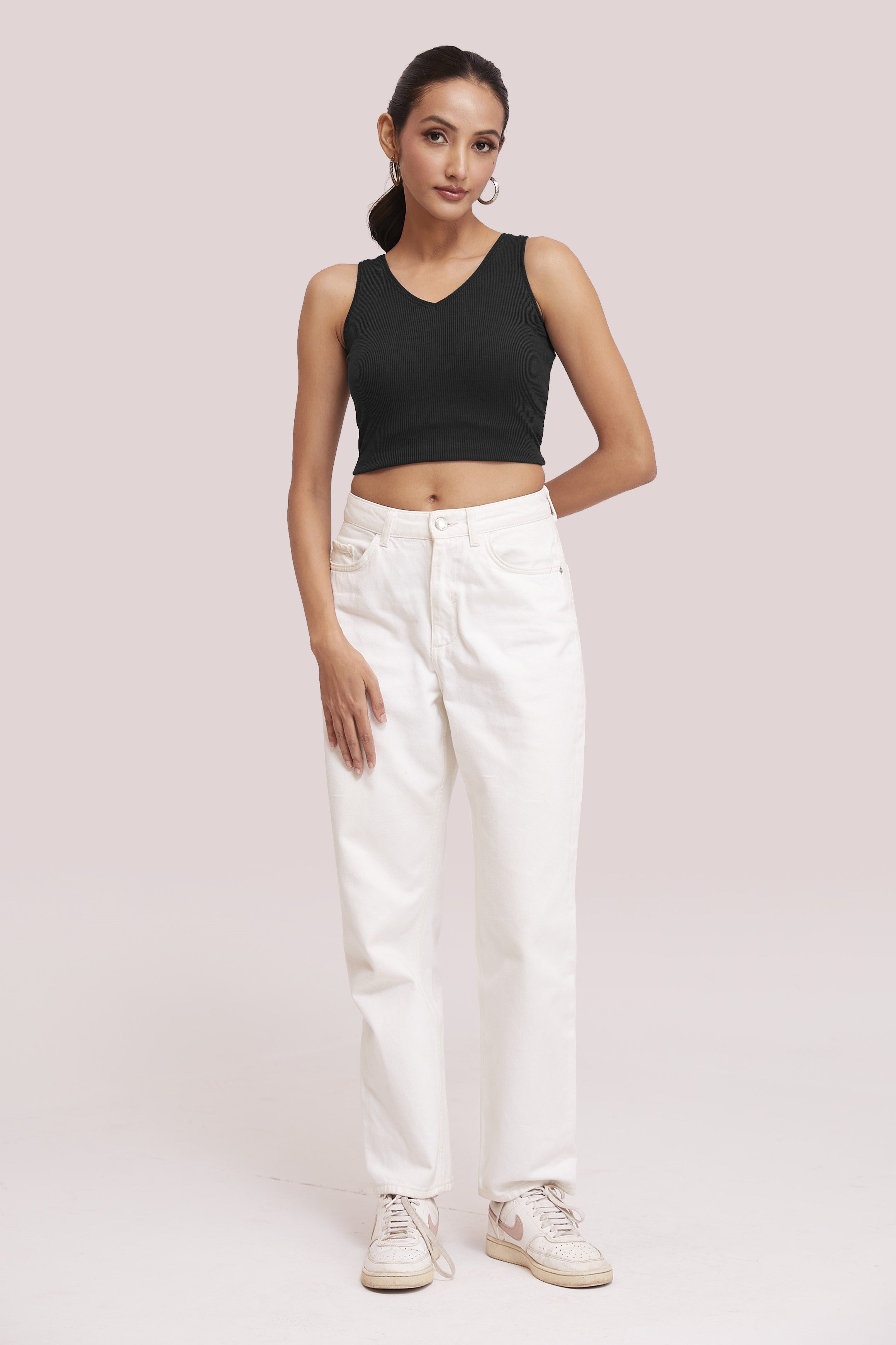 Black Ribbed V-Neck Sleeveless Crop Top