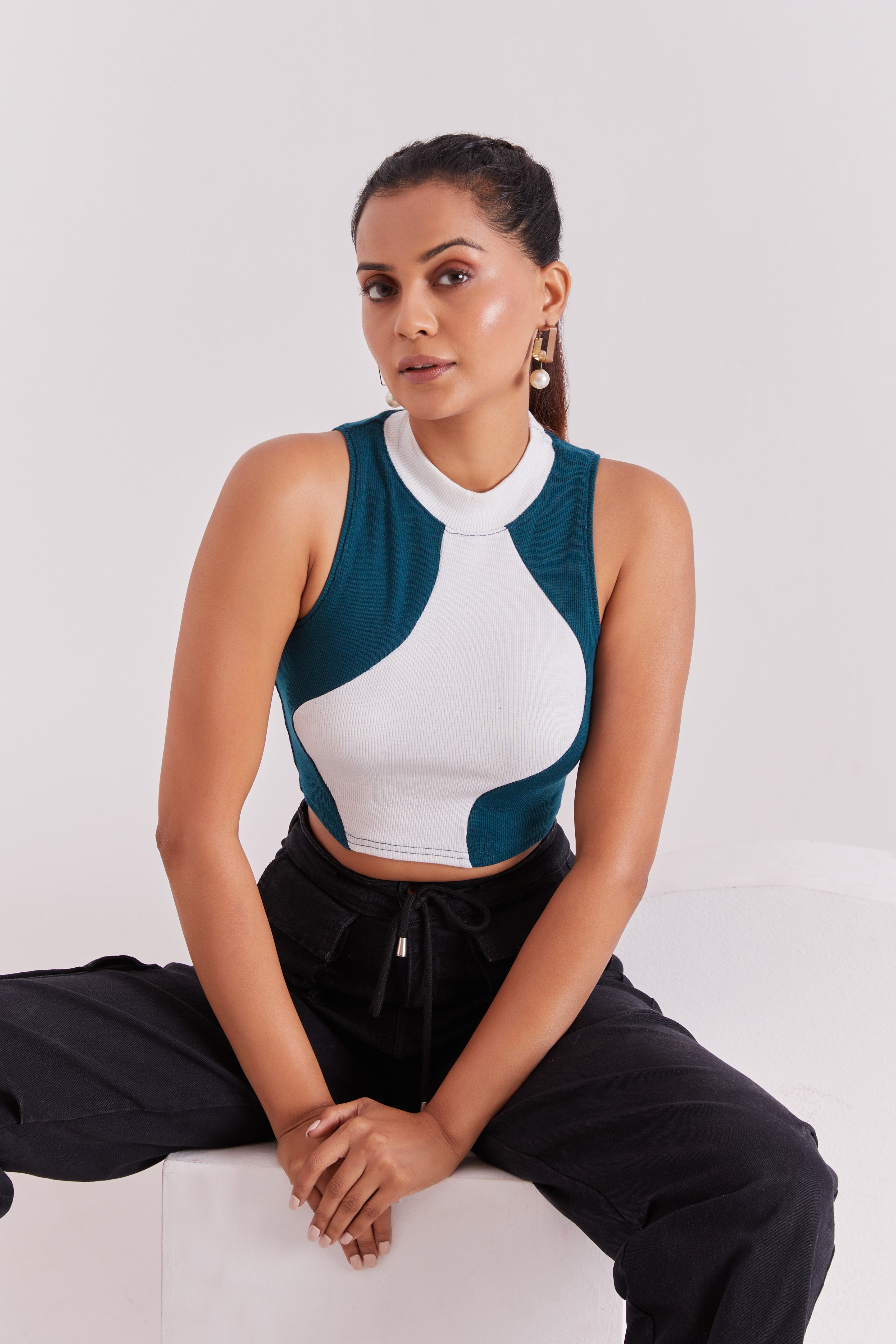 Tail & White Ribbed High Neck Sleeveless Crop Top