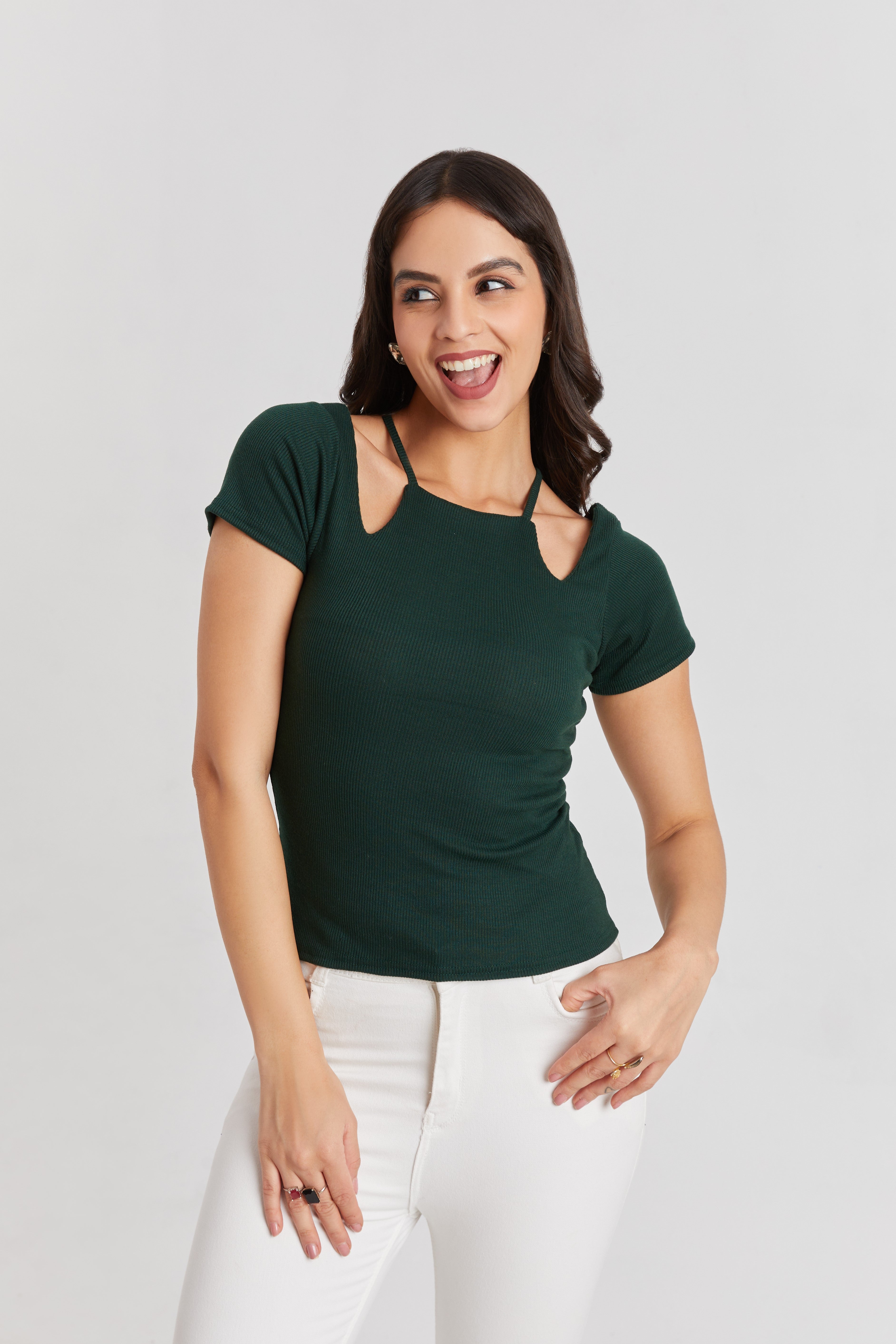 Midnight Forest Green Ribbed Cutout Top