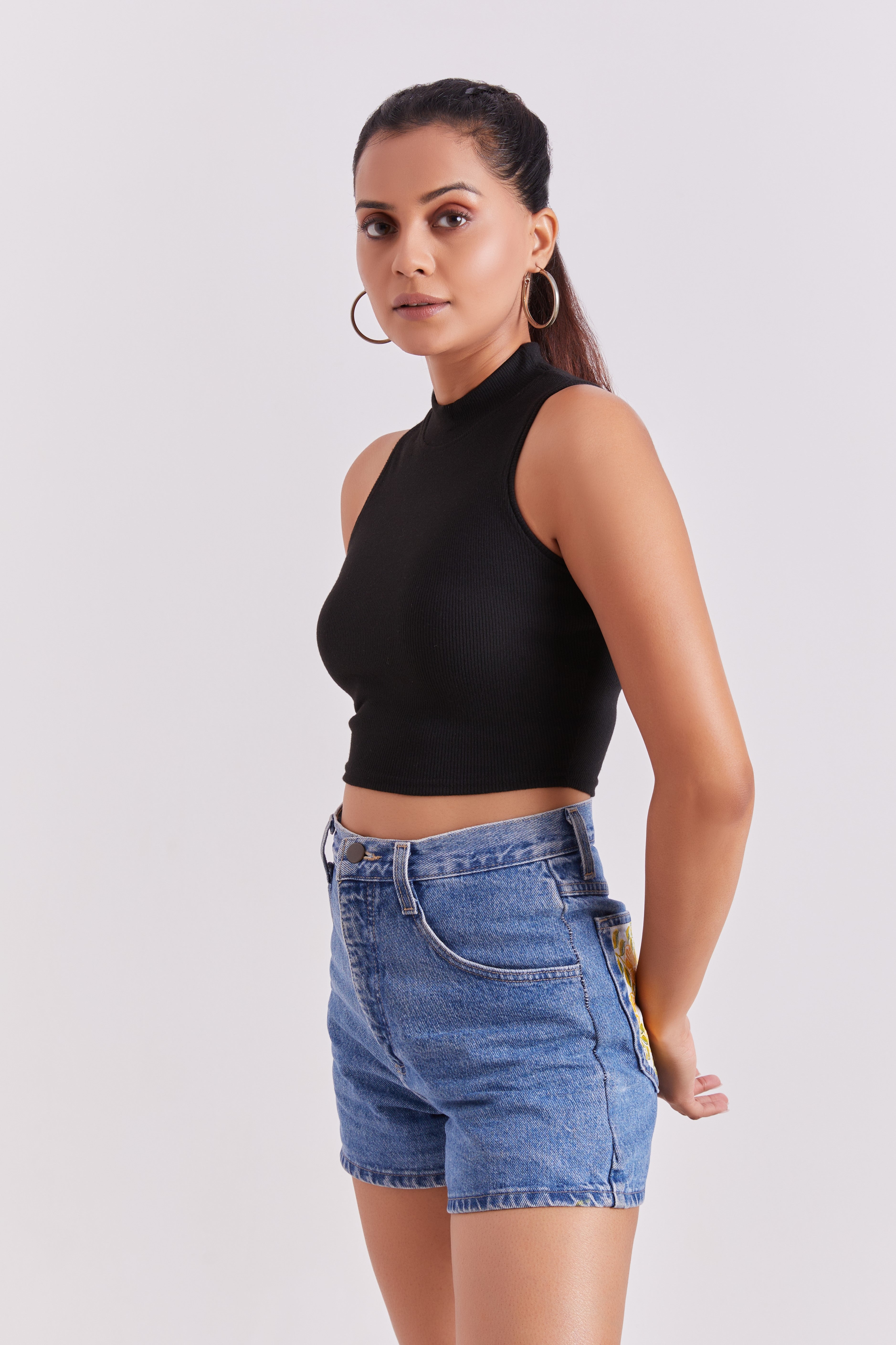 Black Ribbed High Neck Sleeveless Crop Top