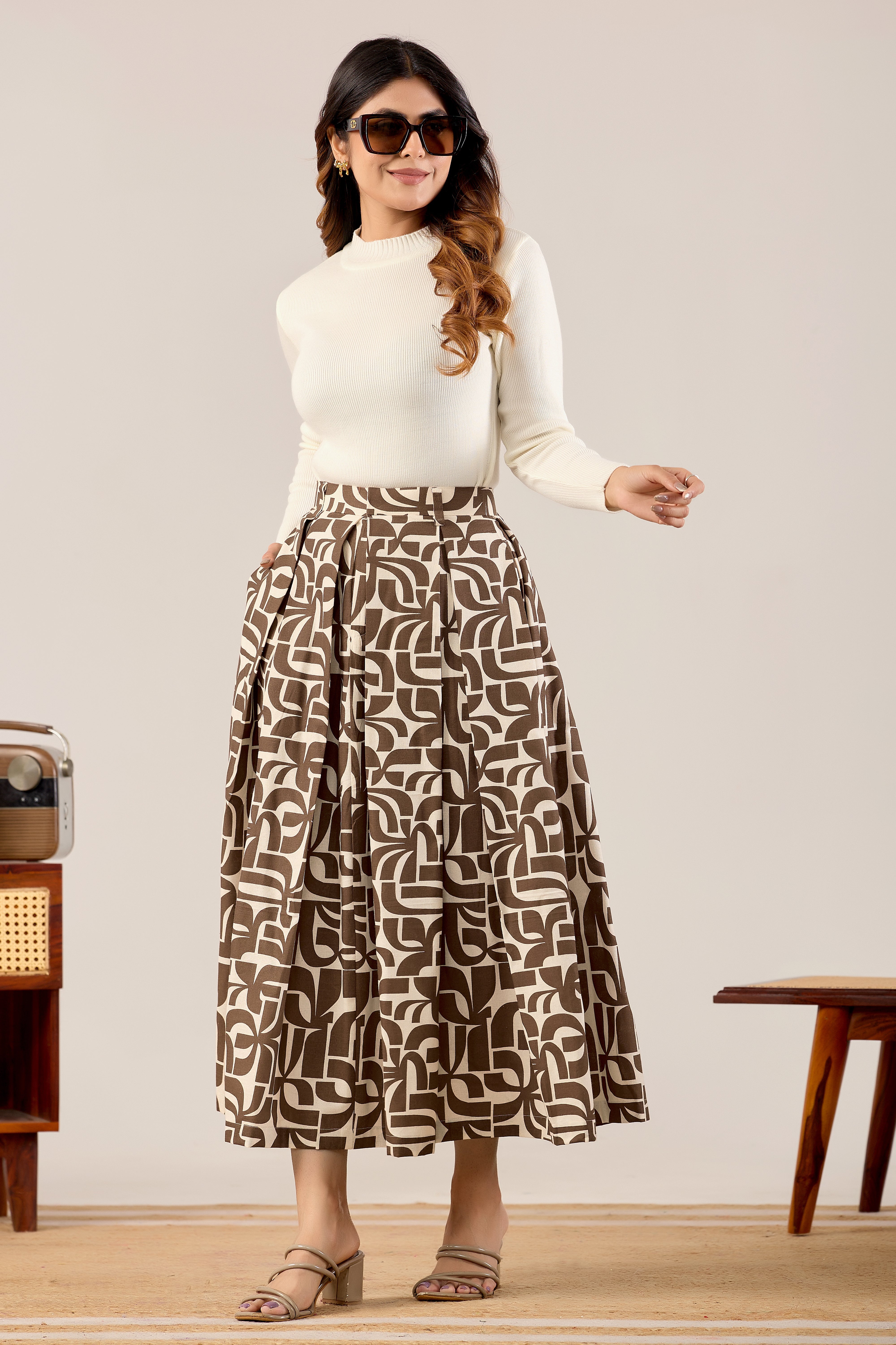 Cocoa Geometry Pleated Midi Skirt