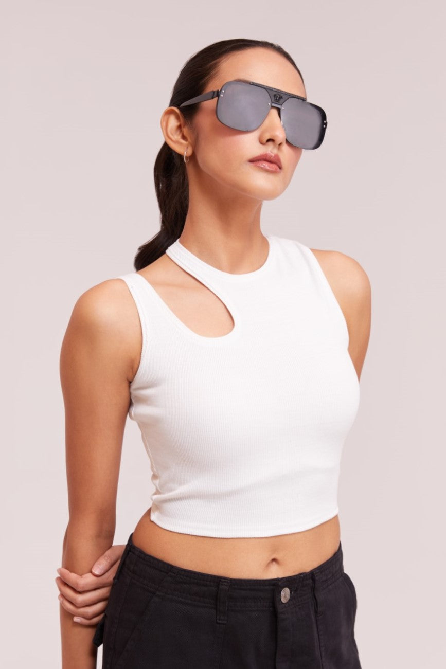 Orange & White-Ribbed Sleeveless Cut-Out Tank Top