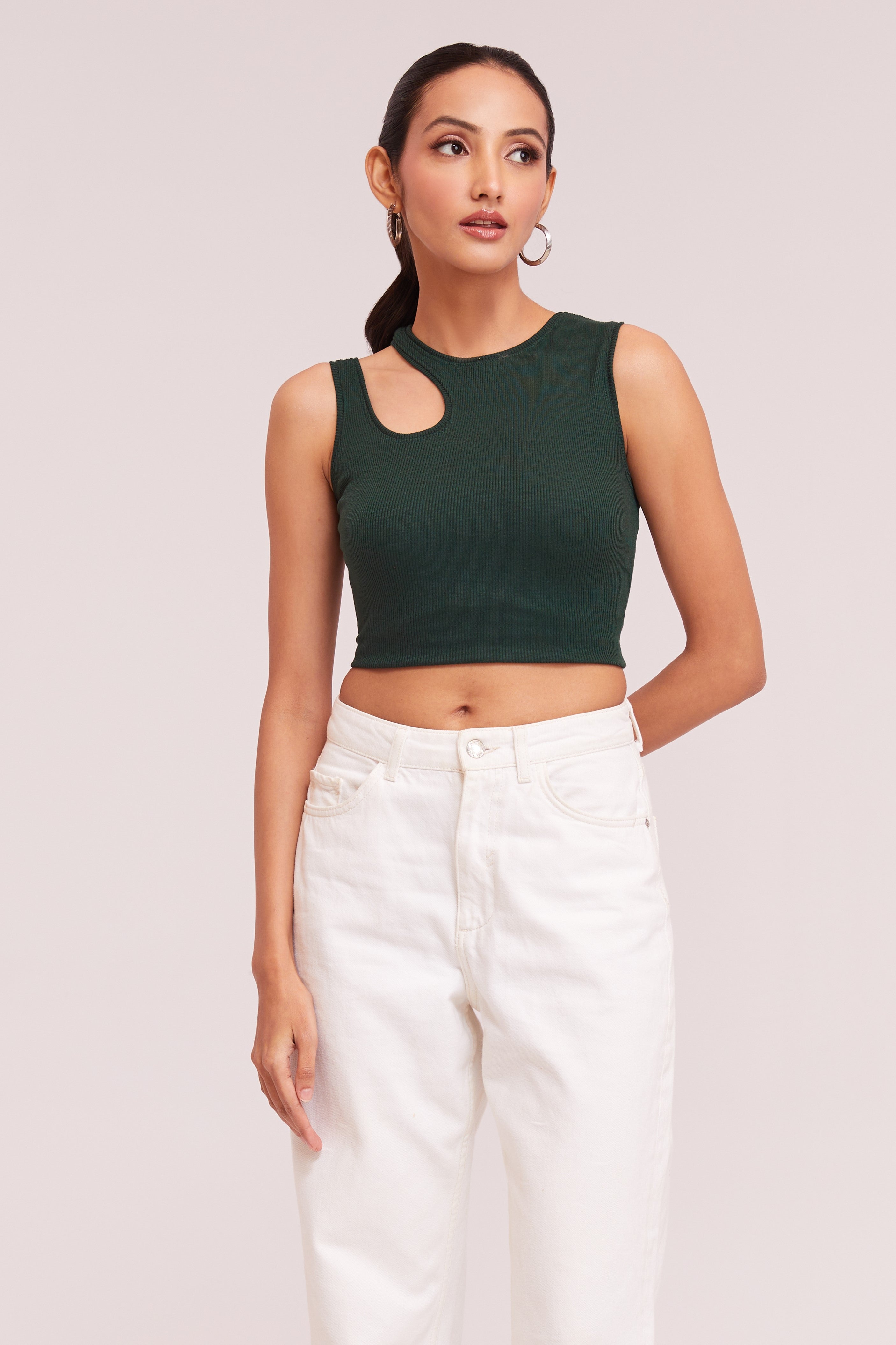 Orange & White-Ribbed Sleeveless Cut-Out Tank Top
