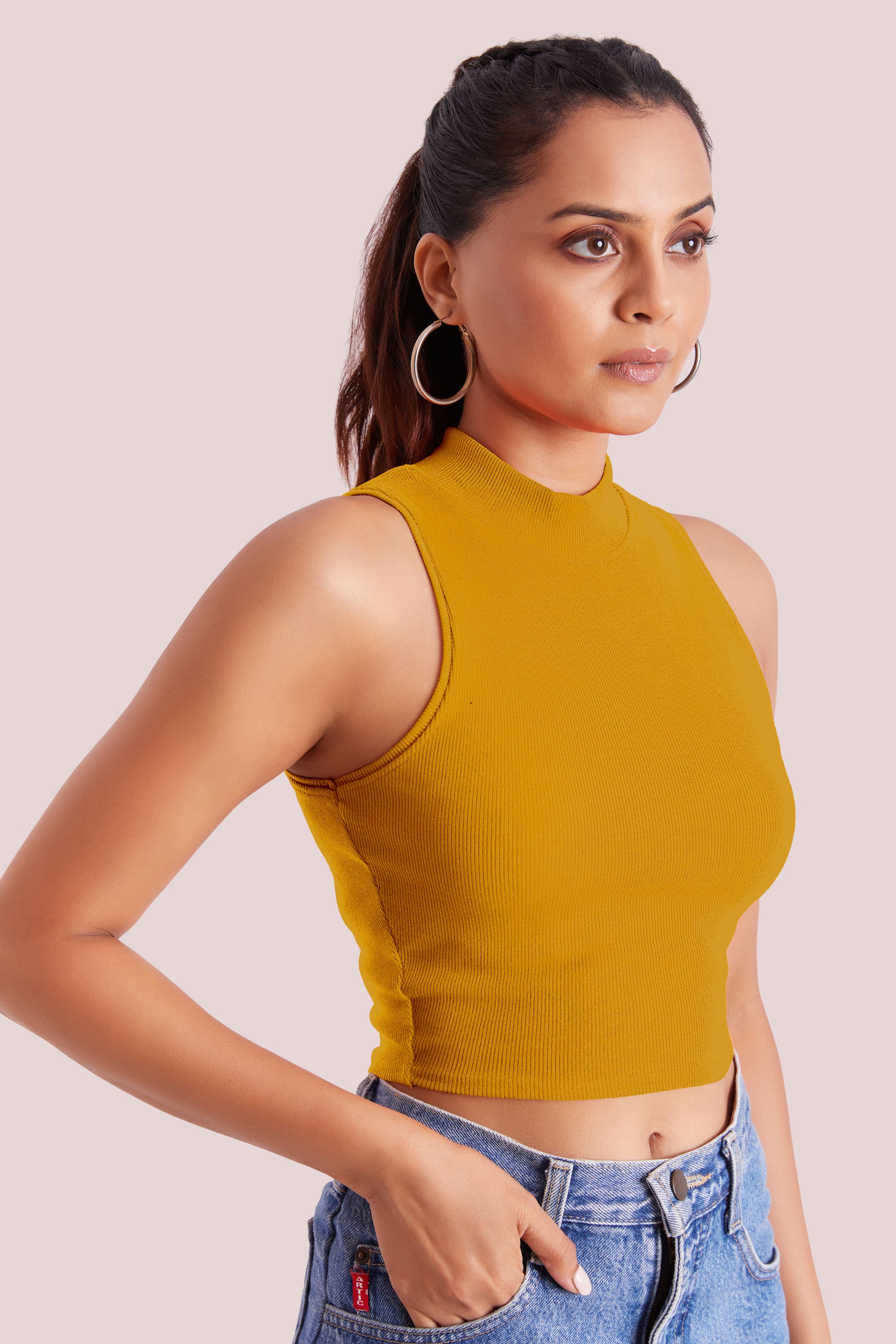 Mustard Yellow Ribbed High Neck Sleeveless Crop Top