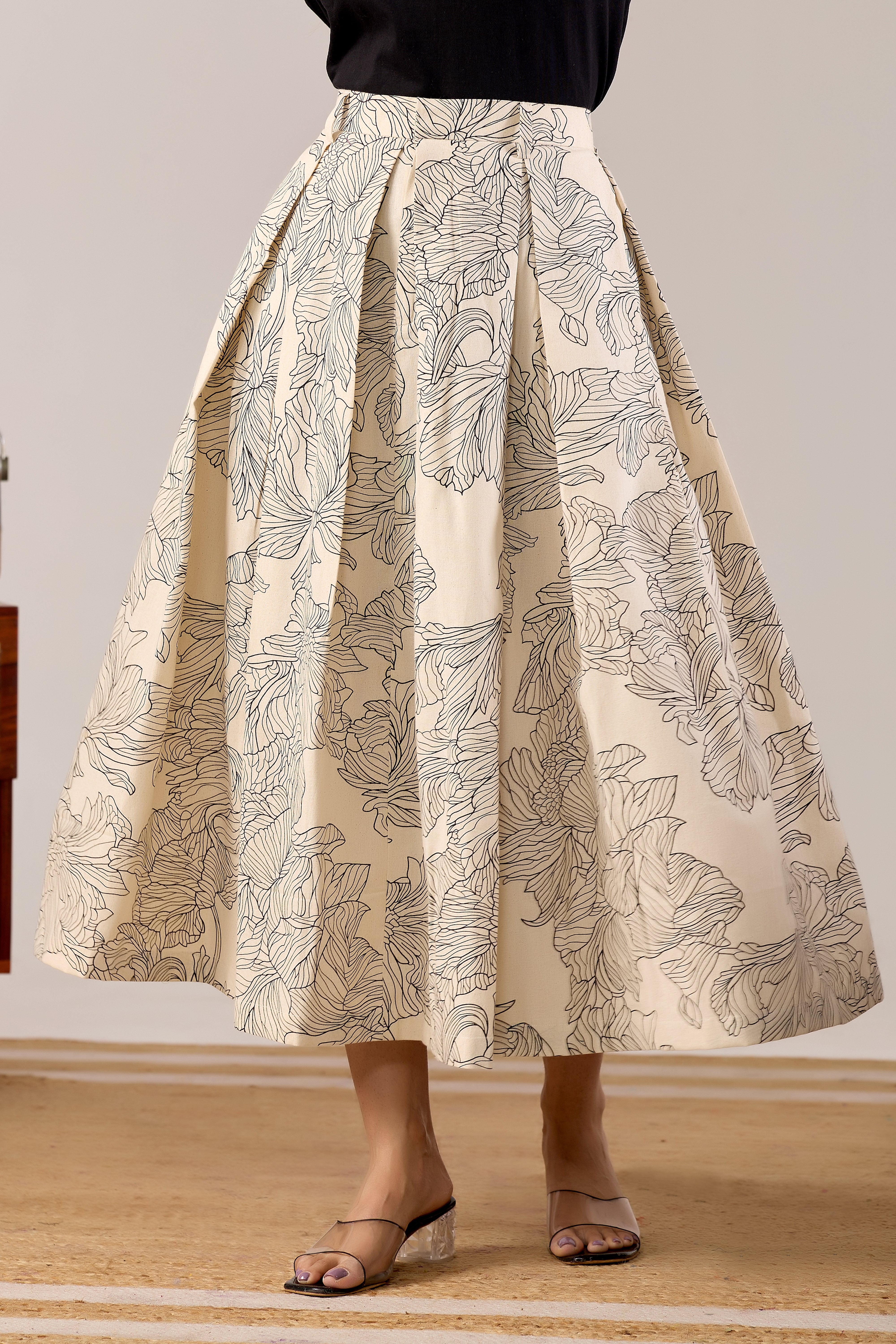Ivory Line Art Floral Midi Skirt